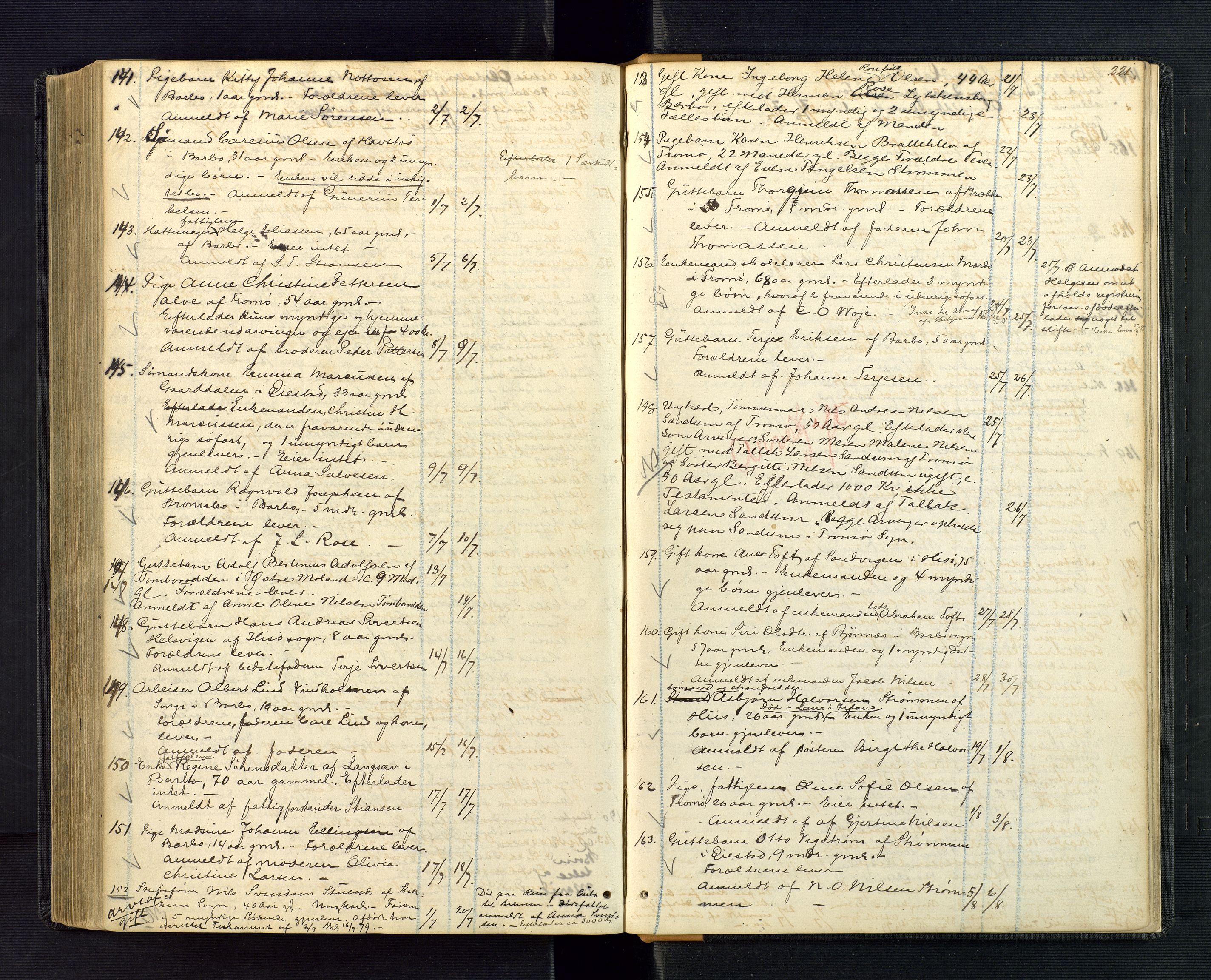 Nedenes sorenskriveri, SAK/1221-0006/H/Ha/L0002: Dødsfallsfortegnelse nr 2, 1863-1889, p. 221