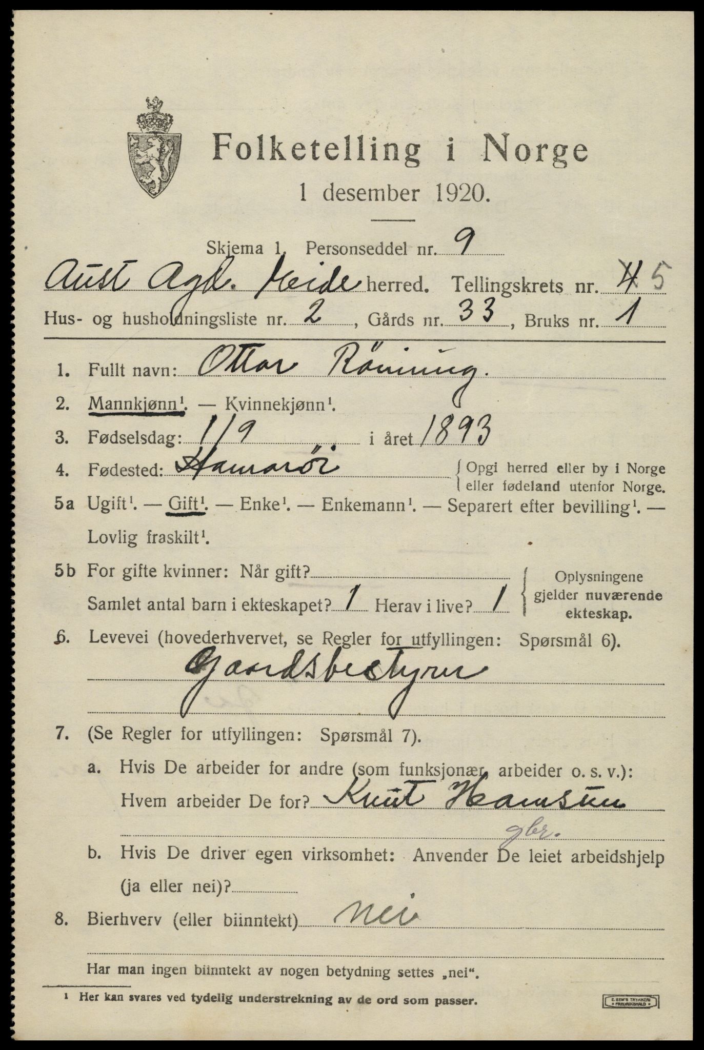 SAK, 1920 census for Eide, 1920, p. 1410