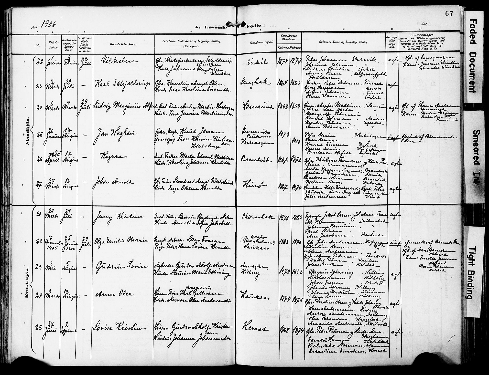 Ministerialprotokoller, klokkerbøker og fødselsregistre - Nordland, AV/SAT-A-1459/859/L0848: Parish register (official) no. 859A08, 1900-1912, p. 67