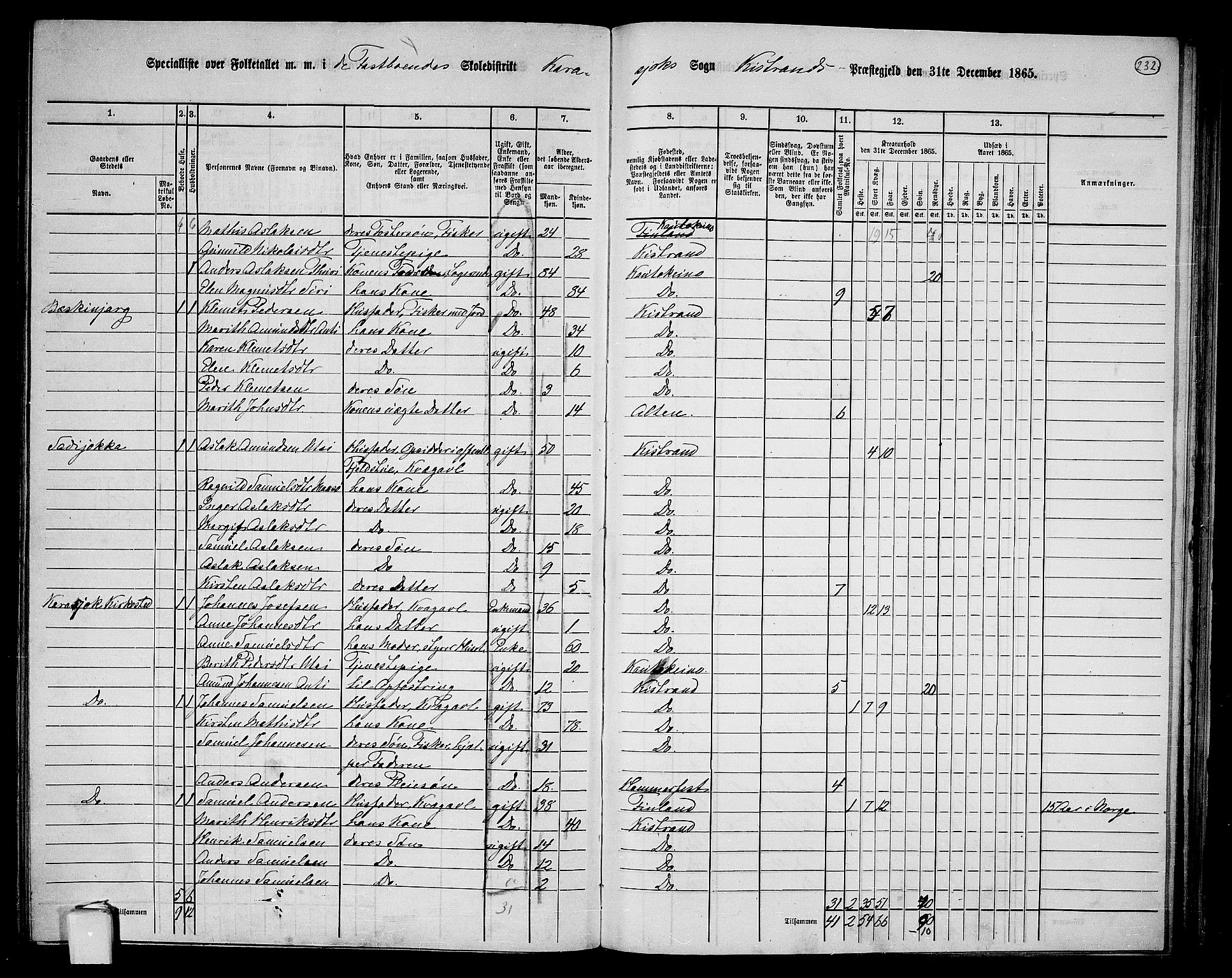RA, 1865 census for Kistrand, 1865, p. 70