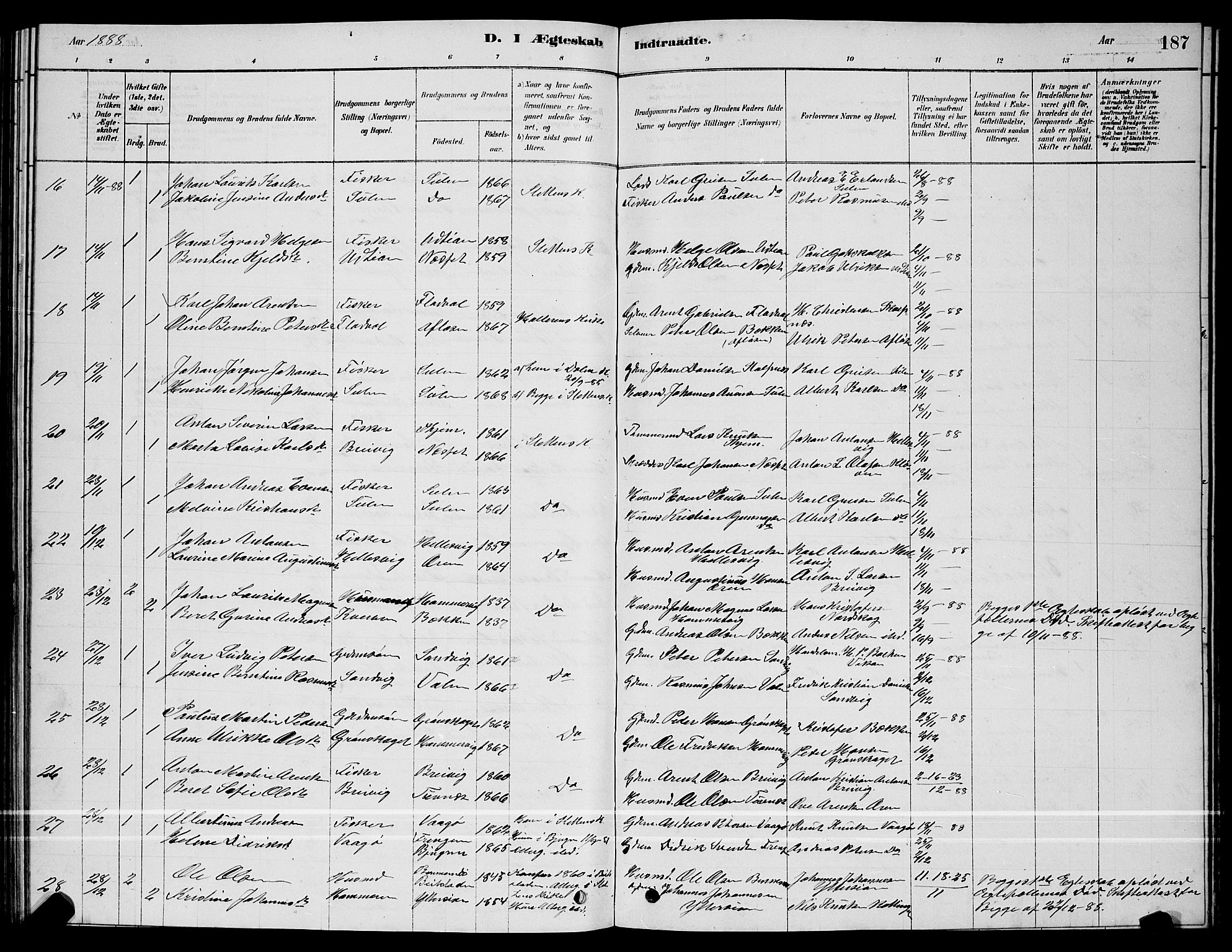 Ministerialprotokoller, klokkerbøker og fødselsregistre - Sør-Trøndelag, SAT/A-1456/640/L0585: Parish register (copy) no. 640C03, 1878-1891, p. 187