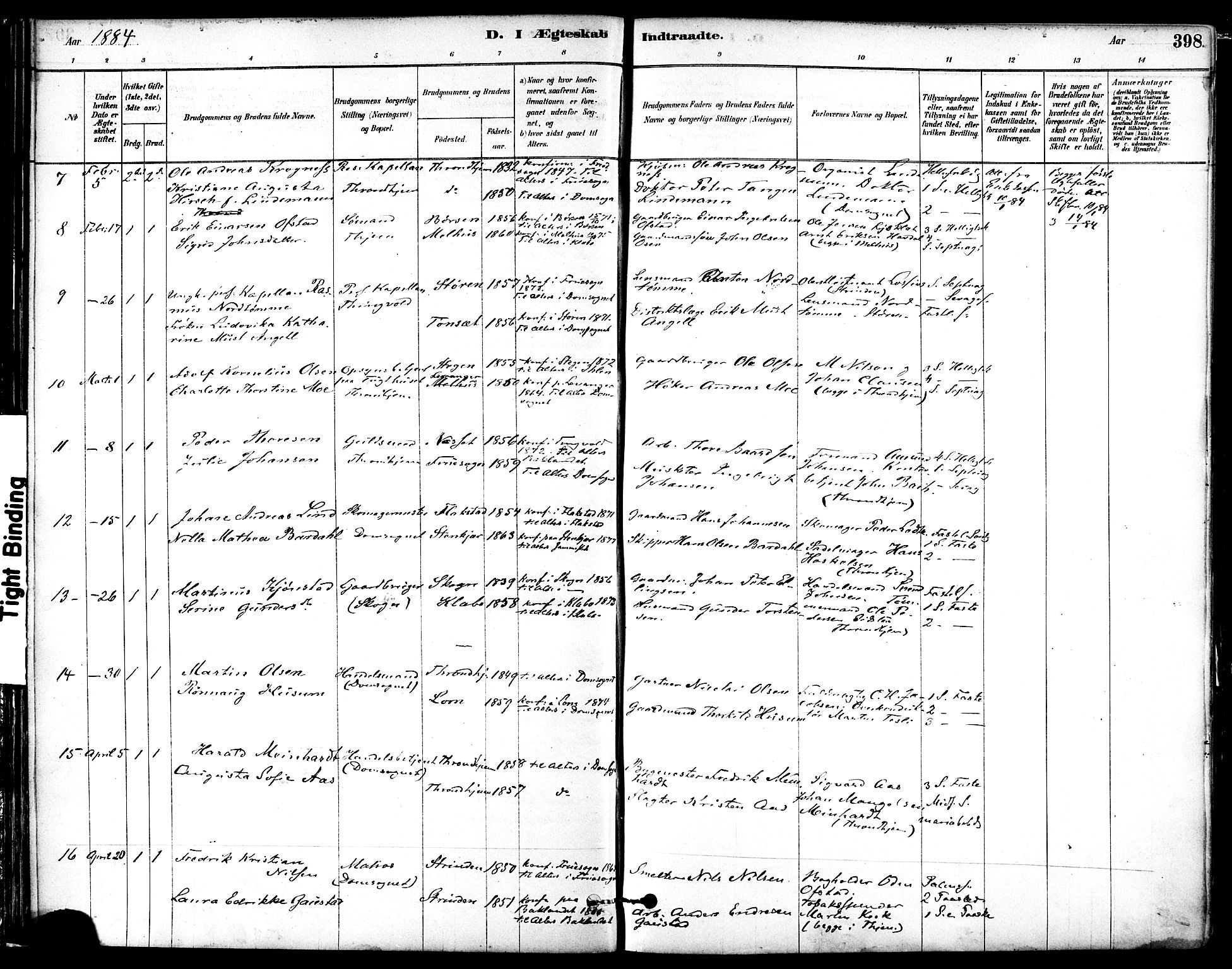 Ministerialprotokoller, klokkerbøker og fødselsregistre - Sør-Trøndelag, SAT/A-1456/601/L0058: Parish register (official) no. 601A26, 1877-1891, p. 398