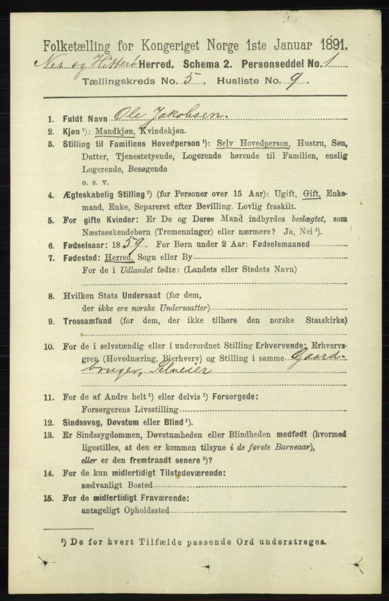 RA, 1891 census for 1043 Hidra og Nes, 1891, p. 1886