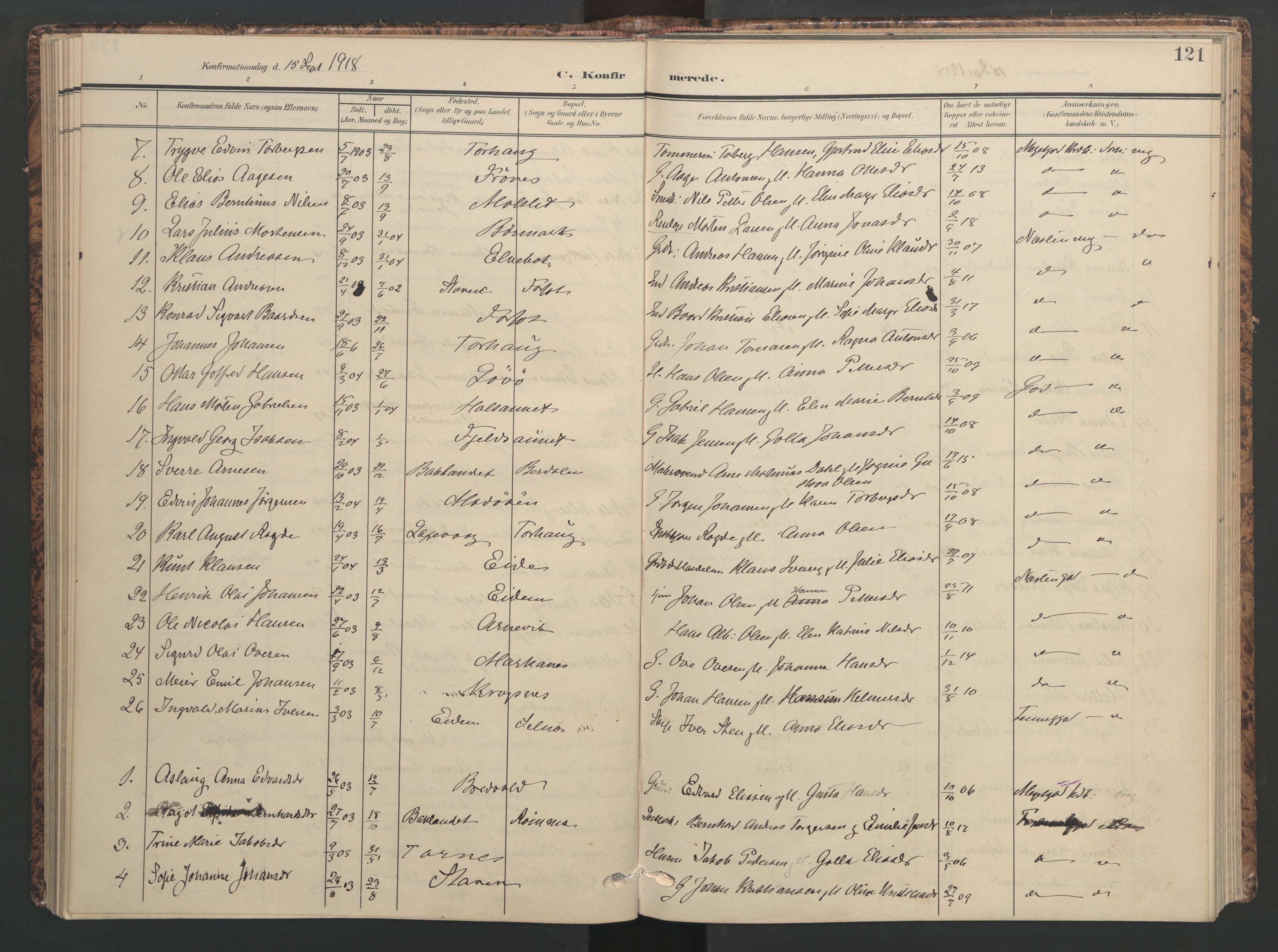 Ministerialprotokoller, klokkerbøker og fødselsregistre - Sør-Trøndelag, SAT/A-1456/655/L0682: Parish register (official) no. 655A11, 1908-1922, p. 121