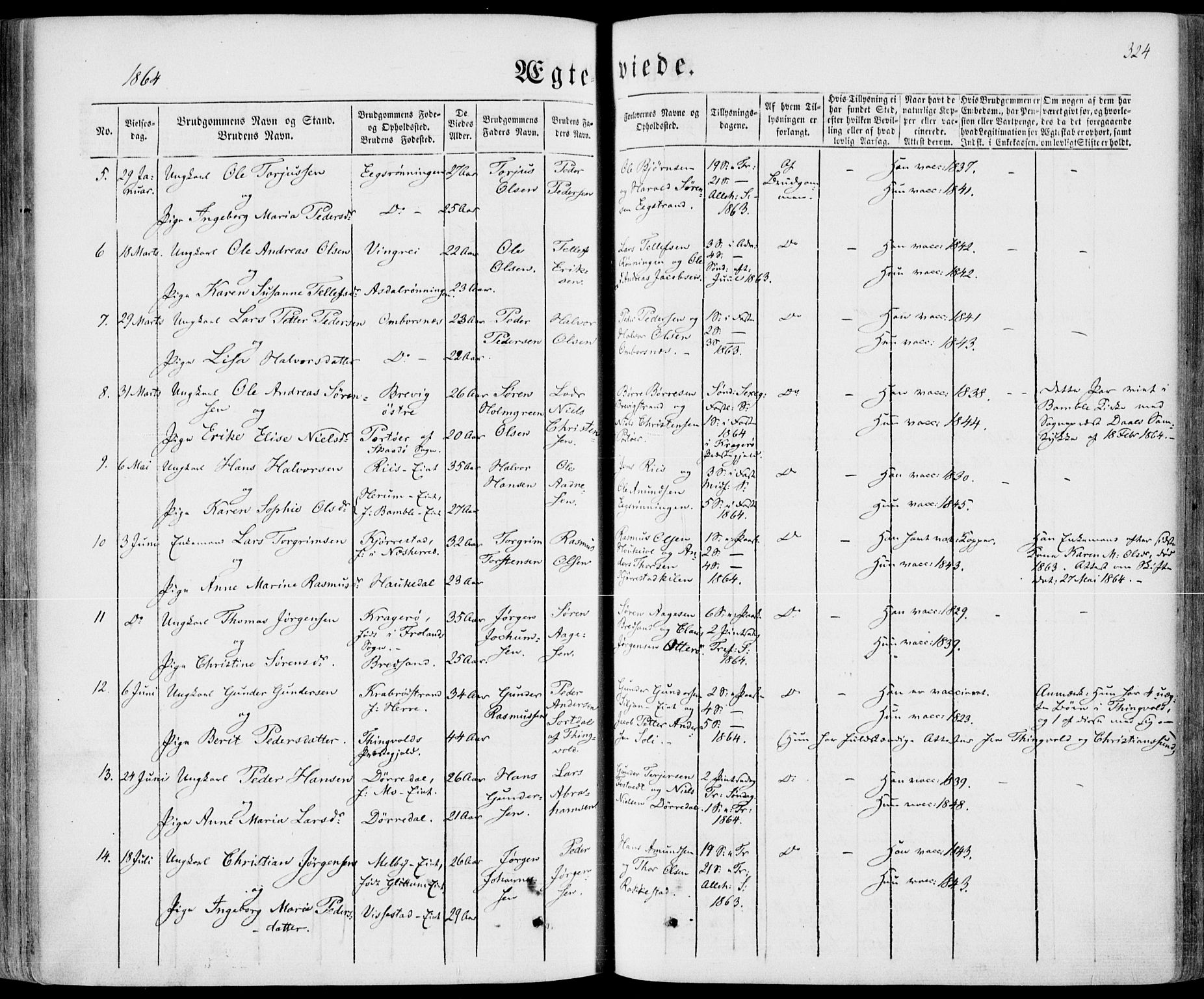 Bamble kirkebøker, SAKO/A-253/F/Fa/L0005: Parish register (official) no. I 5, 1854-1869, p. 324