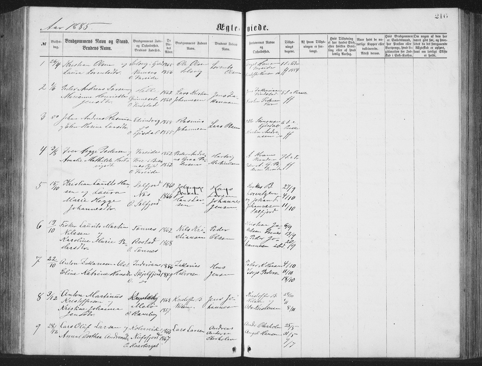 Ministerialprotokoller, klokkerbøker og fødselsregistre - Nordland, AV/SAT-A-1459/885/L1213: Parish register (copy) no. 885C02, 1874-1892, p. 216