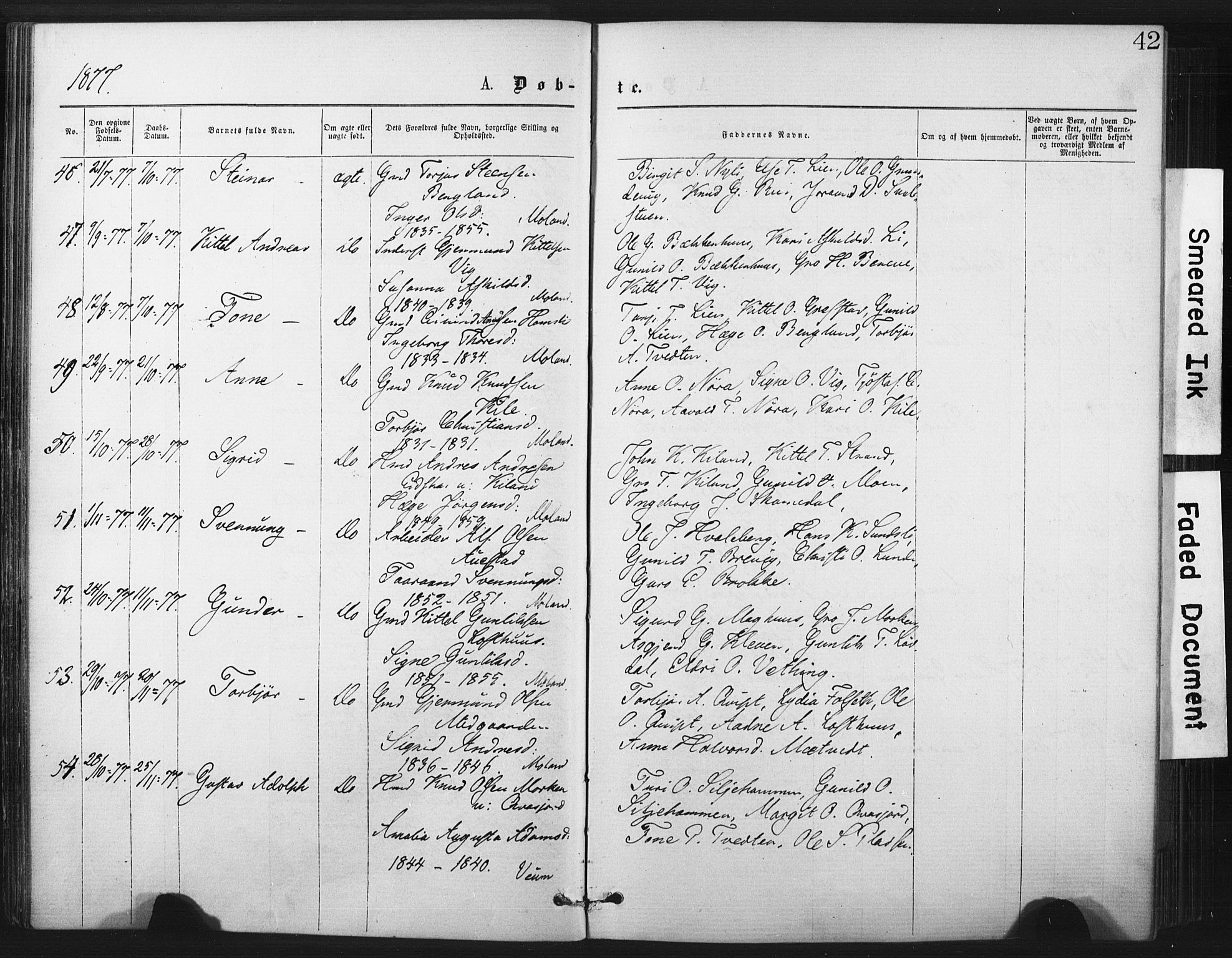 Fyresdal kirkebøker, SAKO/A-263/F/Fa/L0006: Parish register (official) no. I 6, 1872-1886, p. 42