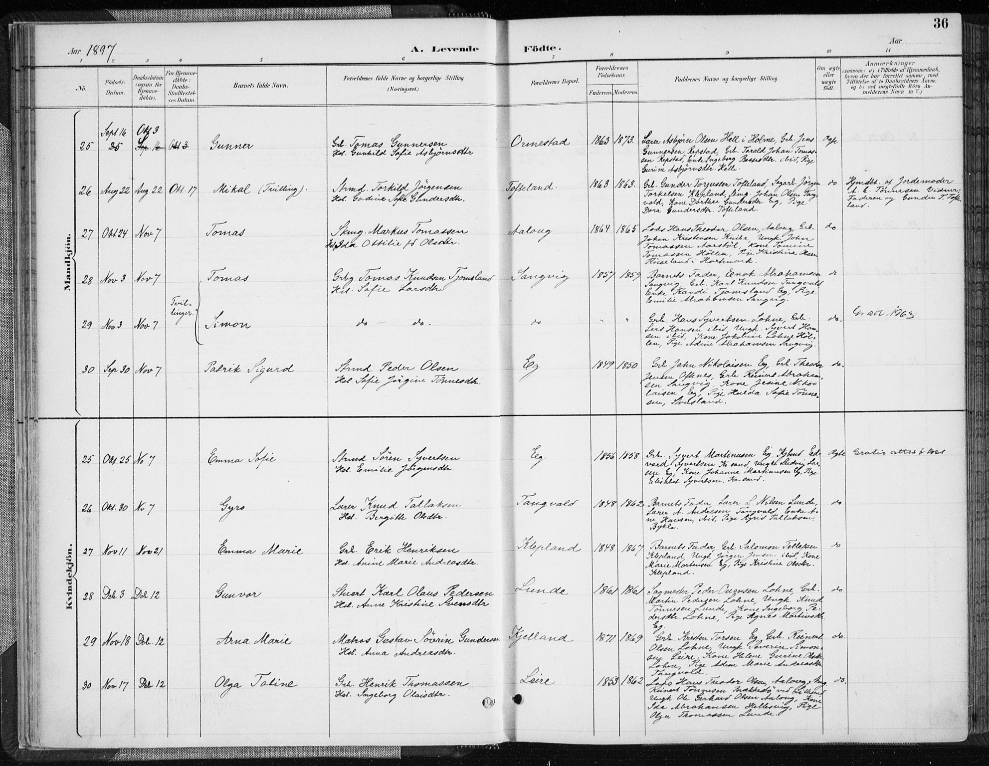 Søgne sokneprestkontor, AV/SAK-1111-0037/F/Fa/Fab/L0013: Parish register (official) no. A 13, 1892-1911, p. 36