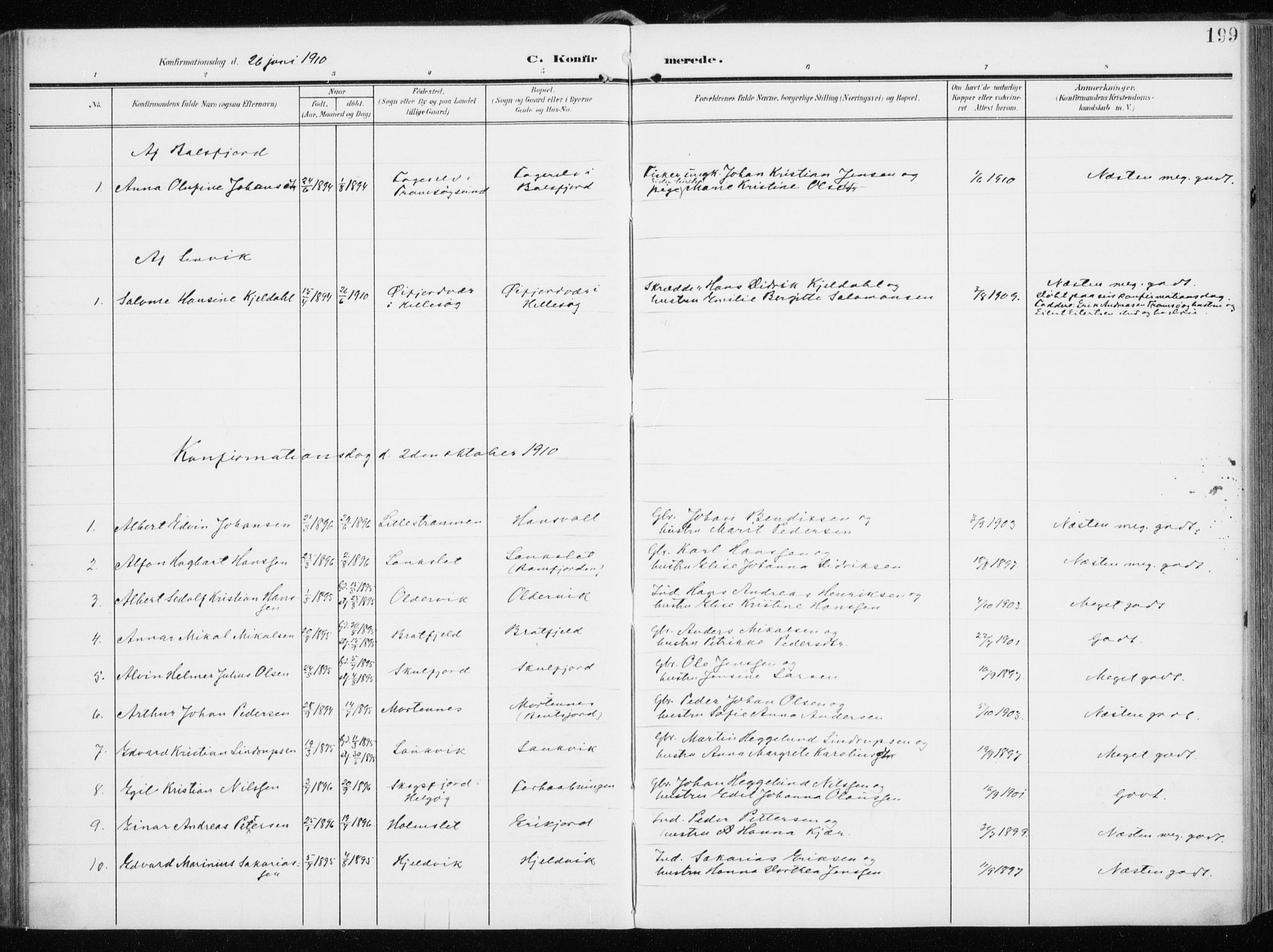 Tromsøysund sokneprestkontor, AV/SATØ-S-1304/G/Ga/L0007kirke: Parish register (official) no. 7, 1907-1914, p. 199