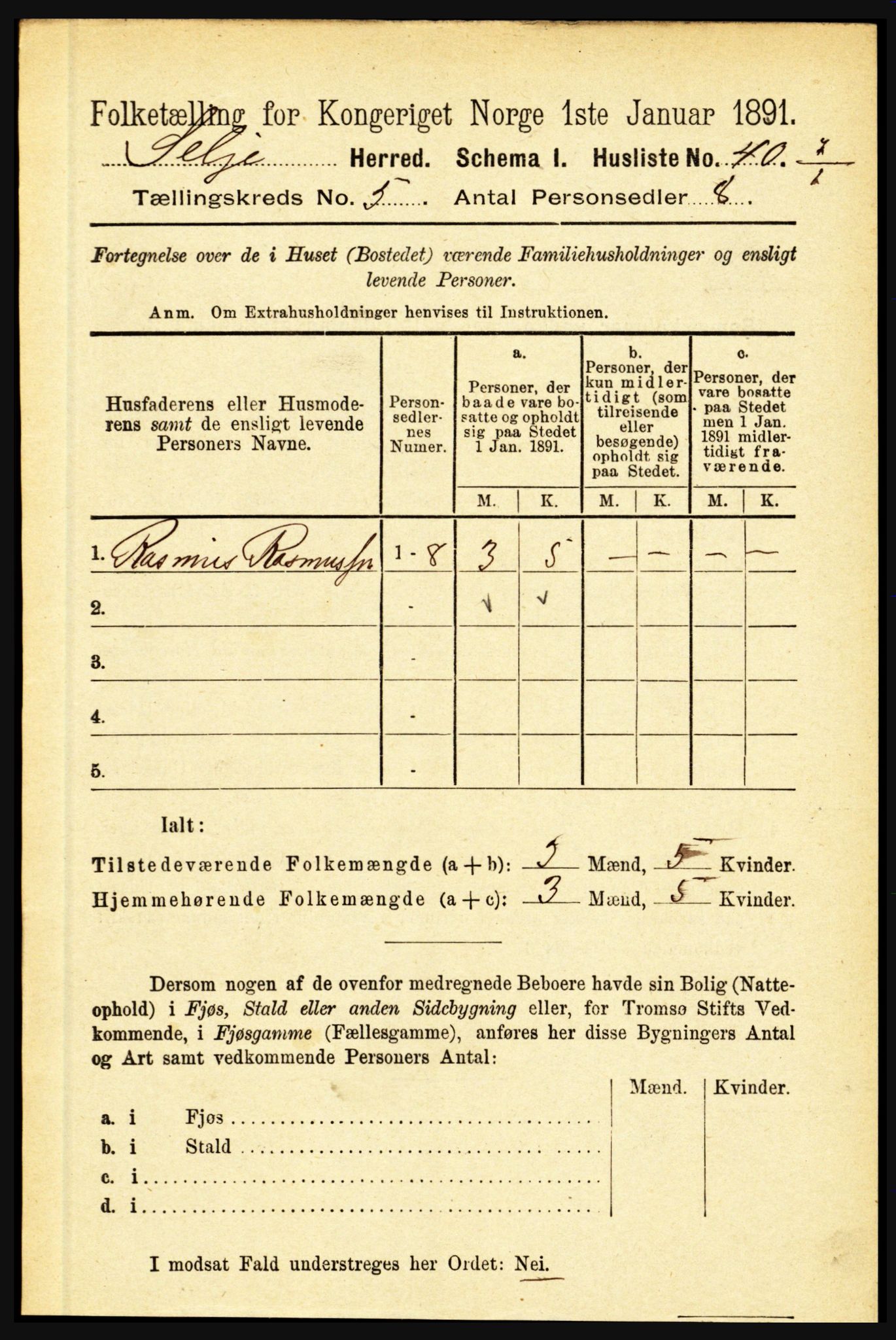 RA, 1891 census for 1441 Selje, 1891, p. 1395