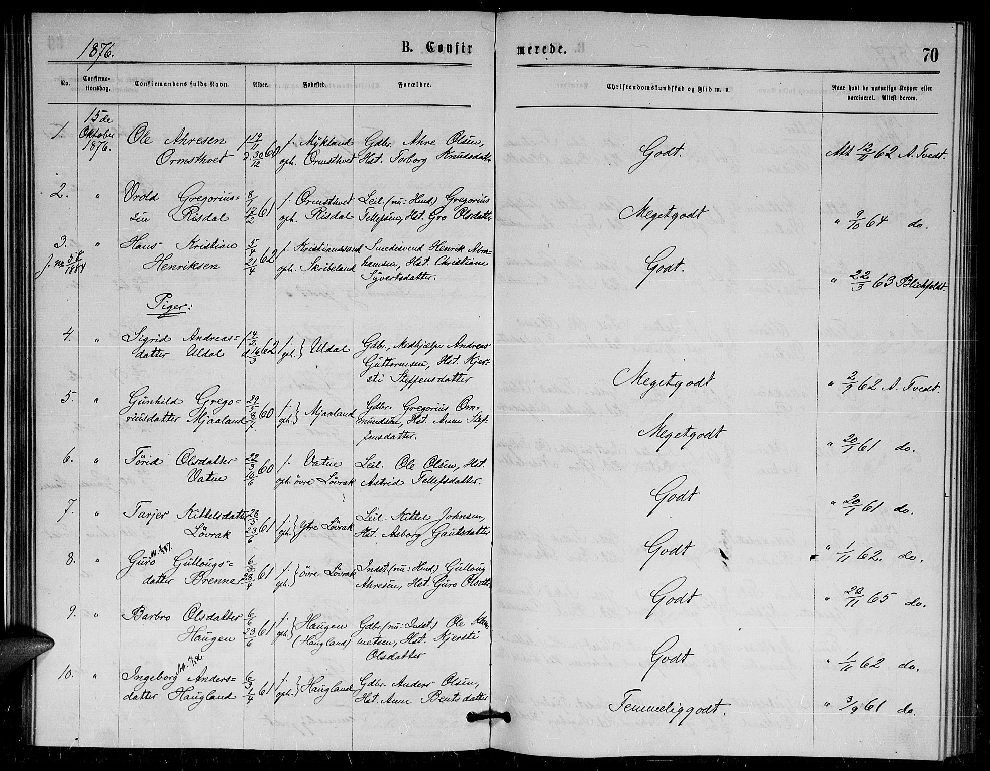 Herefoss sokneprestkontor, AV/SAK-1111-0019/F/Fa/Fac/L0001: Parish register (official) no. A 1, 1871-1886, p. 70