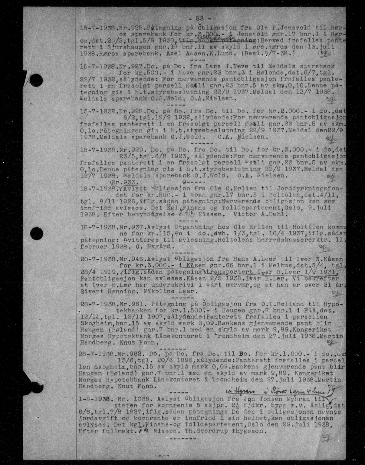 Gauldal sorenskriveri, SAT/A-0014/1/2/2C/L0049: Mortgage book no. 53, 1938-1938, Diary no: : 925/1938