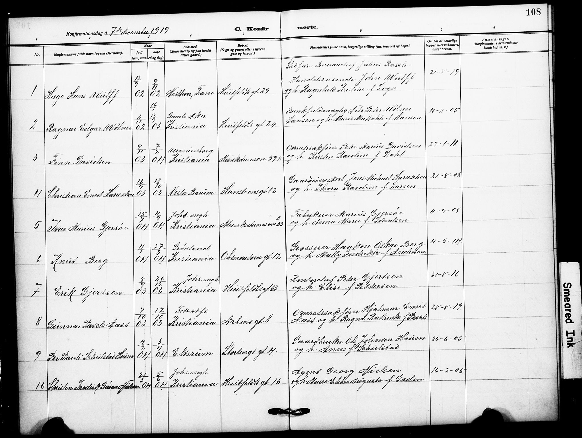 Johannes prestekontor Kirkebøker, SAO/A-10852/F/Fa/L0011: Parish register (official) no. 11, 1908-1921, p. 108