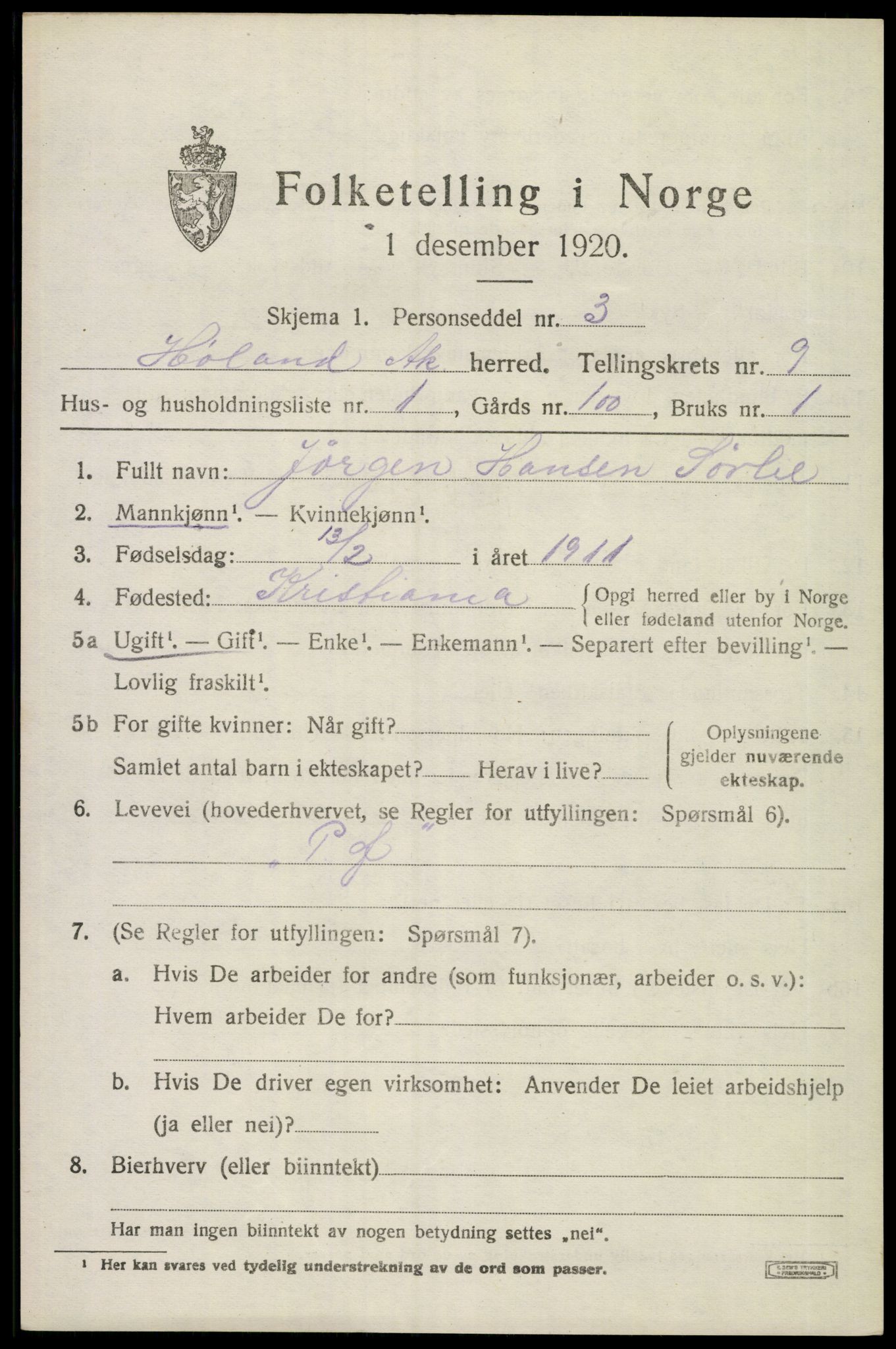 SAO, 1920 census for Høland, 1920, p. 10017