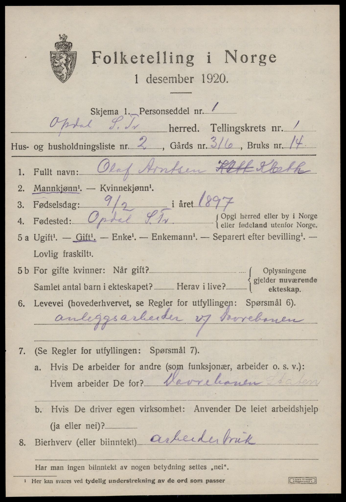 SAT, 1920 census for Oppdal, 1920, p. 1585