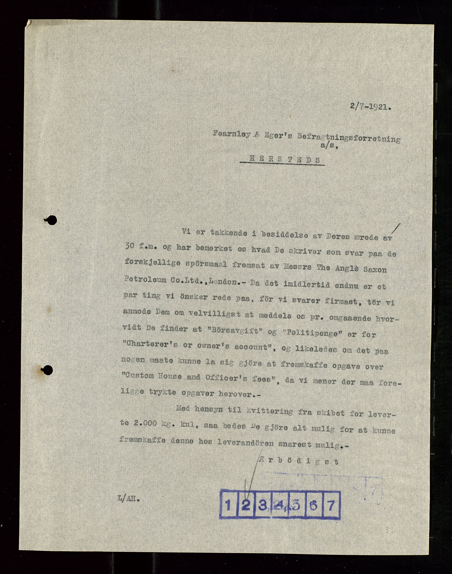 Pa 1521 - A/S Norske Shell, AV/SAST-A-101915/E/Ea/Eaa/L0011: Sjefskorrespondanse, 1921, p. 125