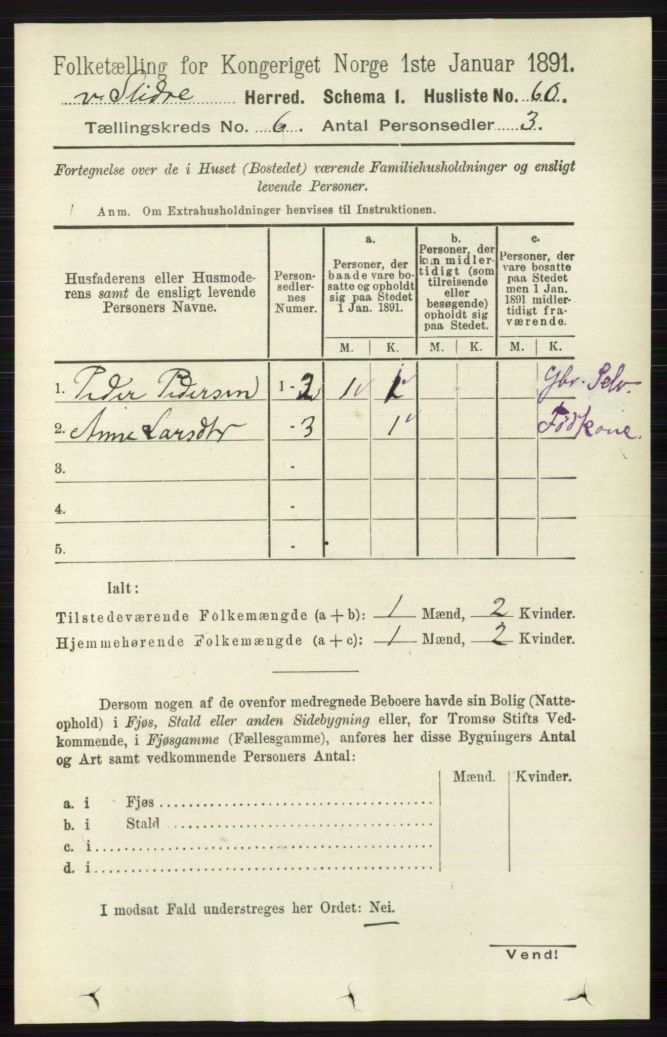 RA, 1891 census for 0543 Vestre Slidre, 1891, p. 2049