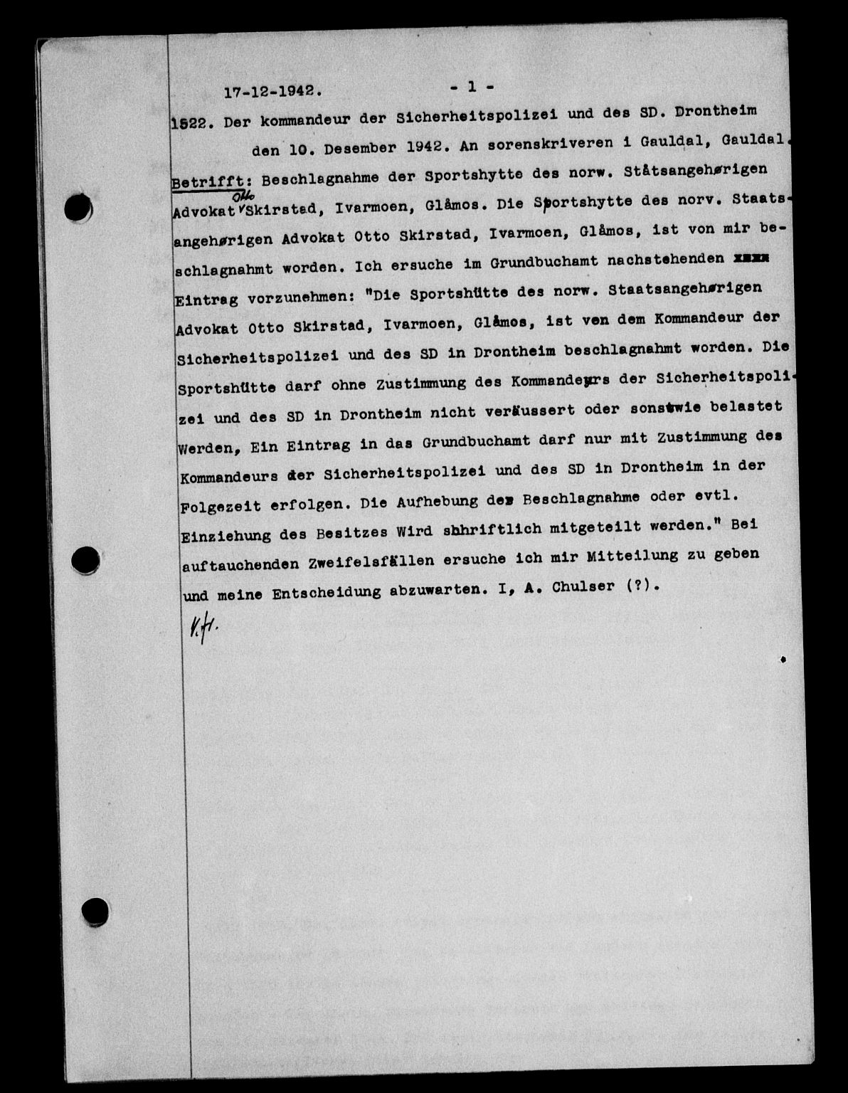 Gauldal sorenskriveri, SAT/A-0014/1/2/2C/L0056: Mortgage book no. 61, 1942-1943, Diary no: : 1522/1942