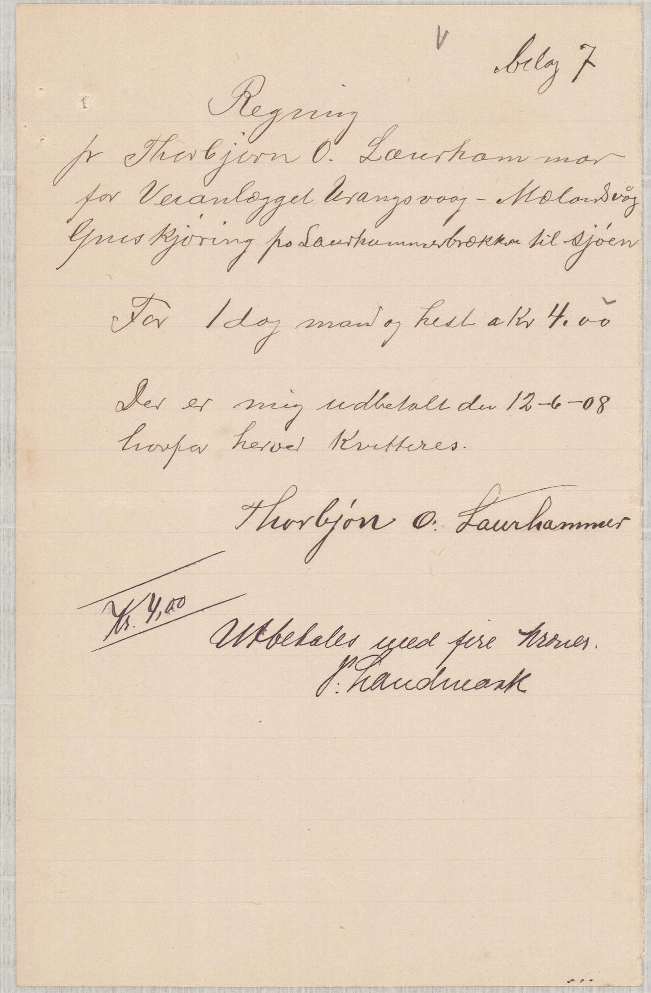 Finnaas kommune. Formannskapet, IKAH/1218a-021/E/Ea/L0002/0005: Rekneskap for veganlegg / Rekneskap for veganlegget Urangsvåg - Mælandsvåg, 1907-1909, p. 42