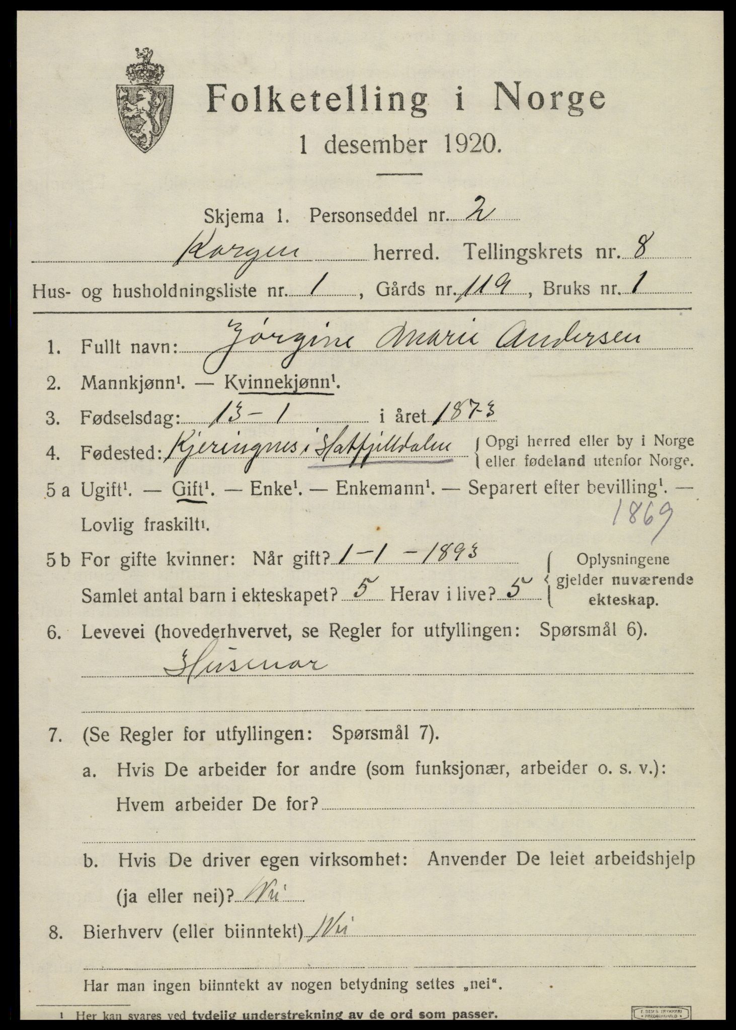 SAT, 1920 census for Korgen, 1920, p. 3044