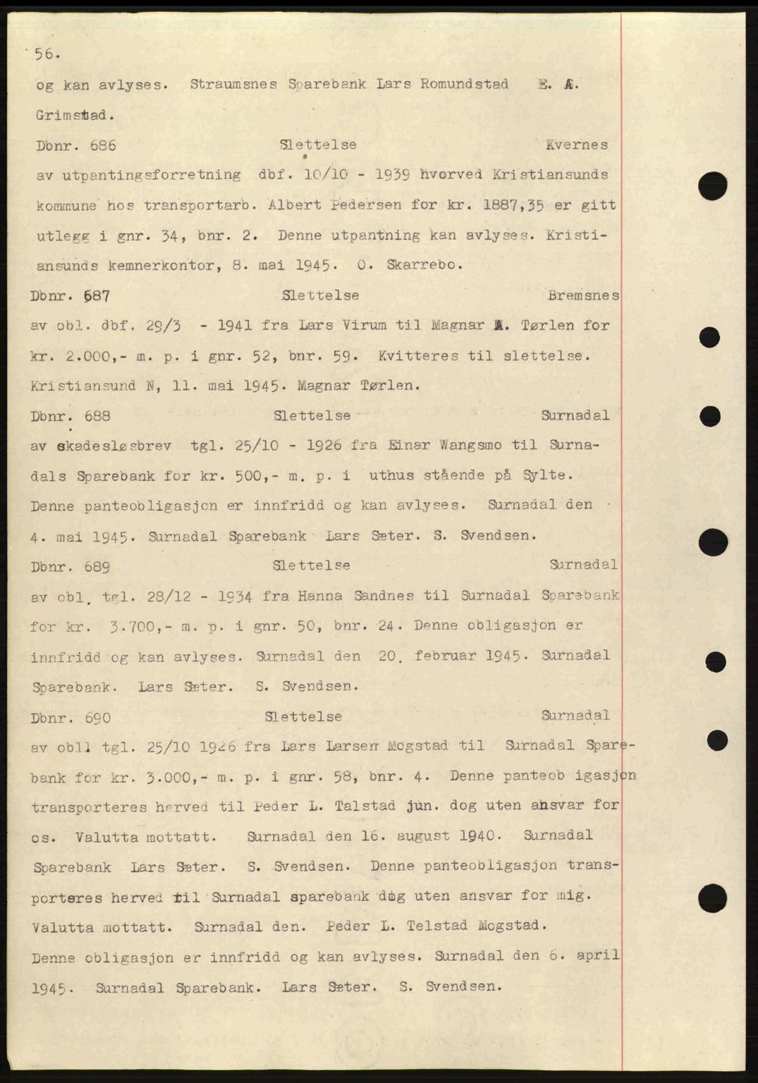 Nordmøre sorenskriveri, AV/SAT-A-4132/1/2/2Ca: Mortgage book no. C82a, 1945-1946, Diary no: : 686/1945