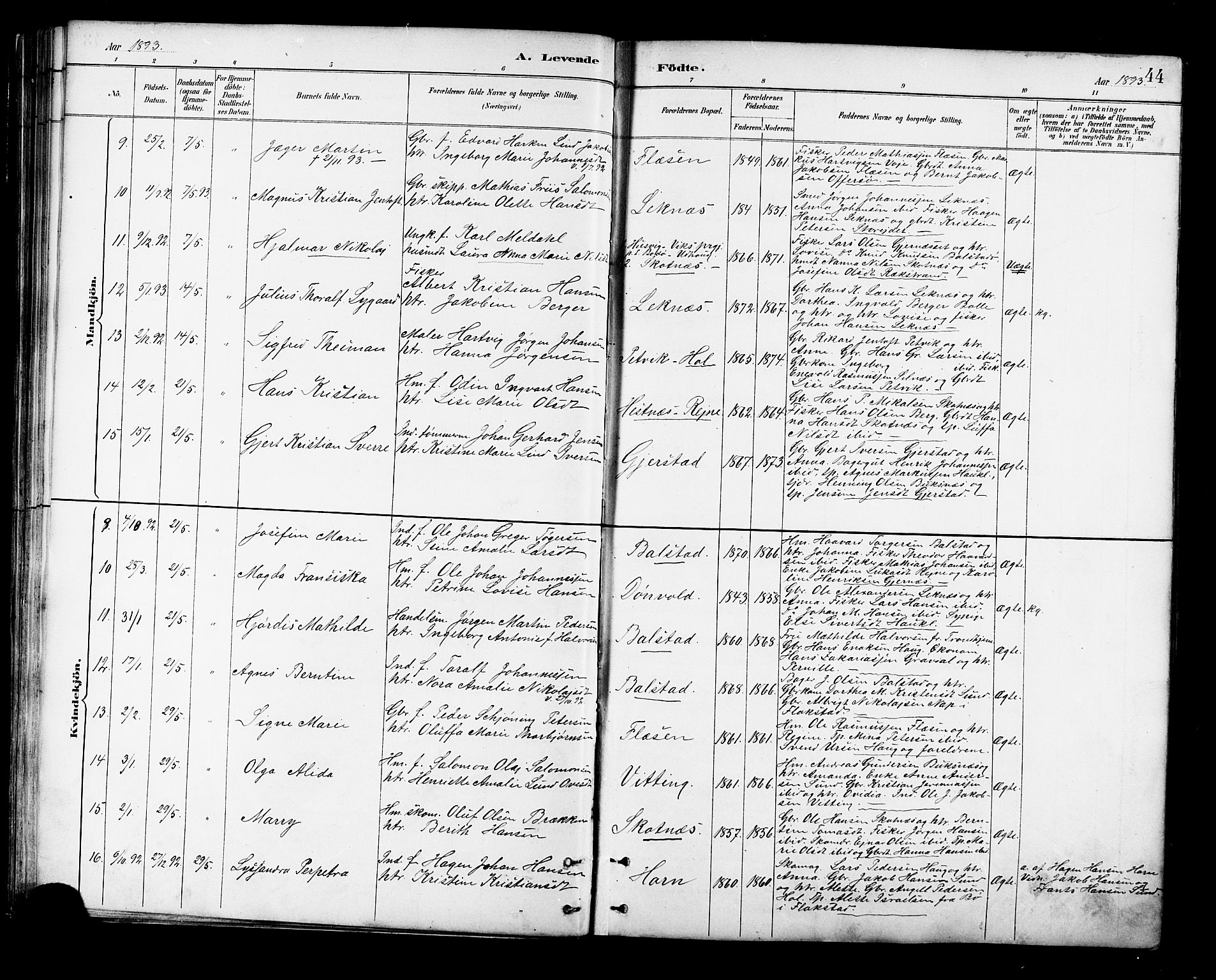 Ministerialprotokoller, klokkerbøker og fødselsregistre - Nordland, SAT/A-1459/881/L1167: Parish register (copy) no. 881C04, 1886-1899, p. 44