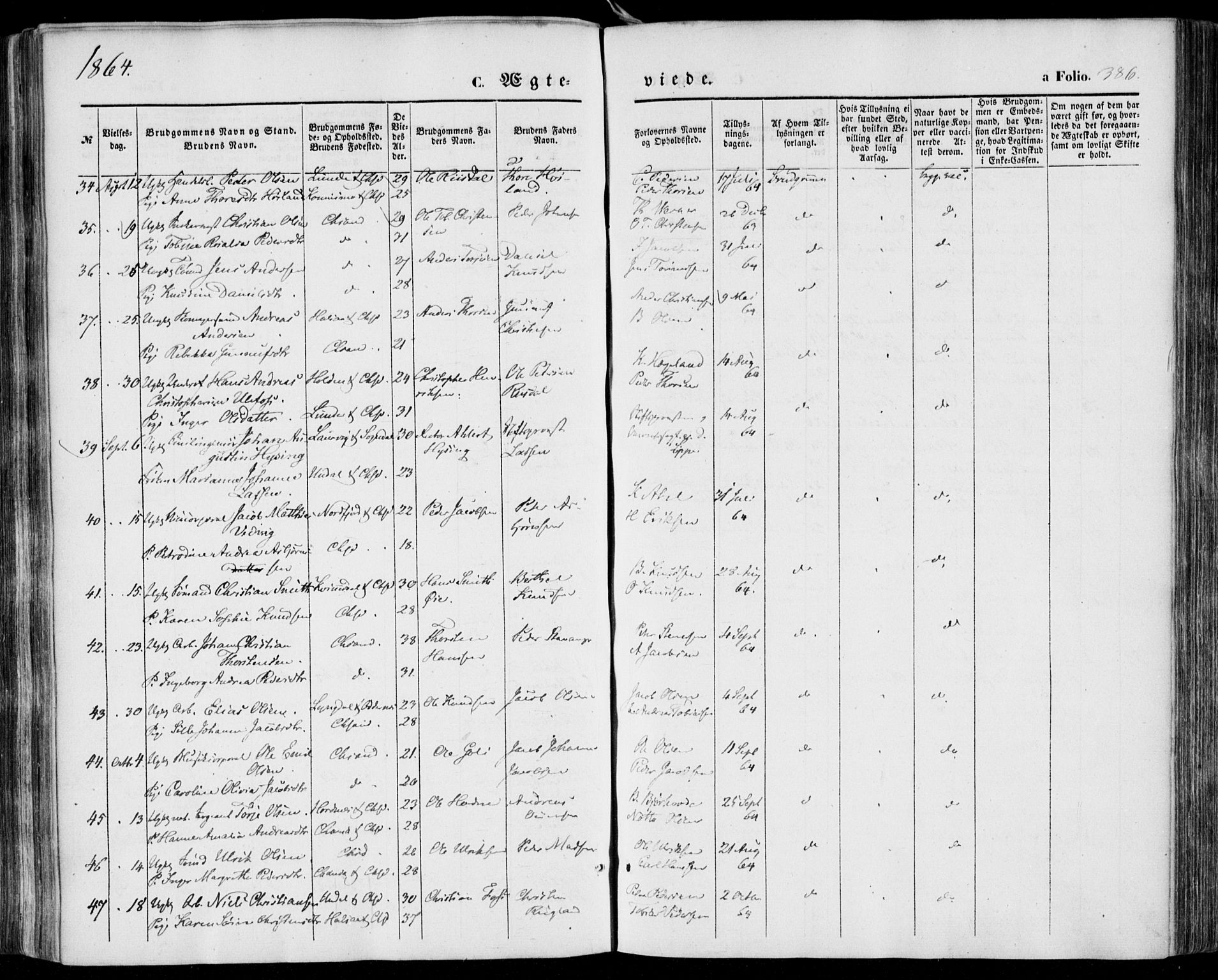 Kristiansand domprosti, AV/SAK-1112-0006/F/Fa/L0014: Parish register (official) no. A 14, 1852-1867, p. 386