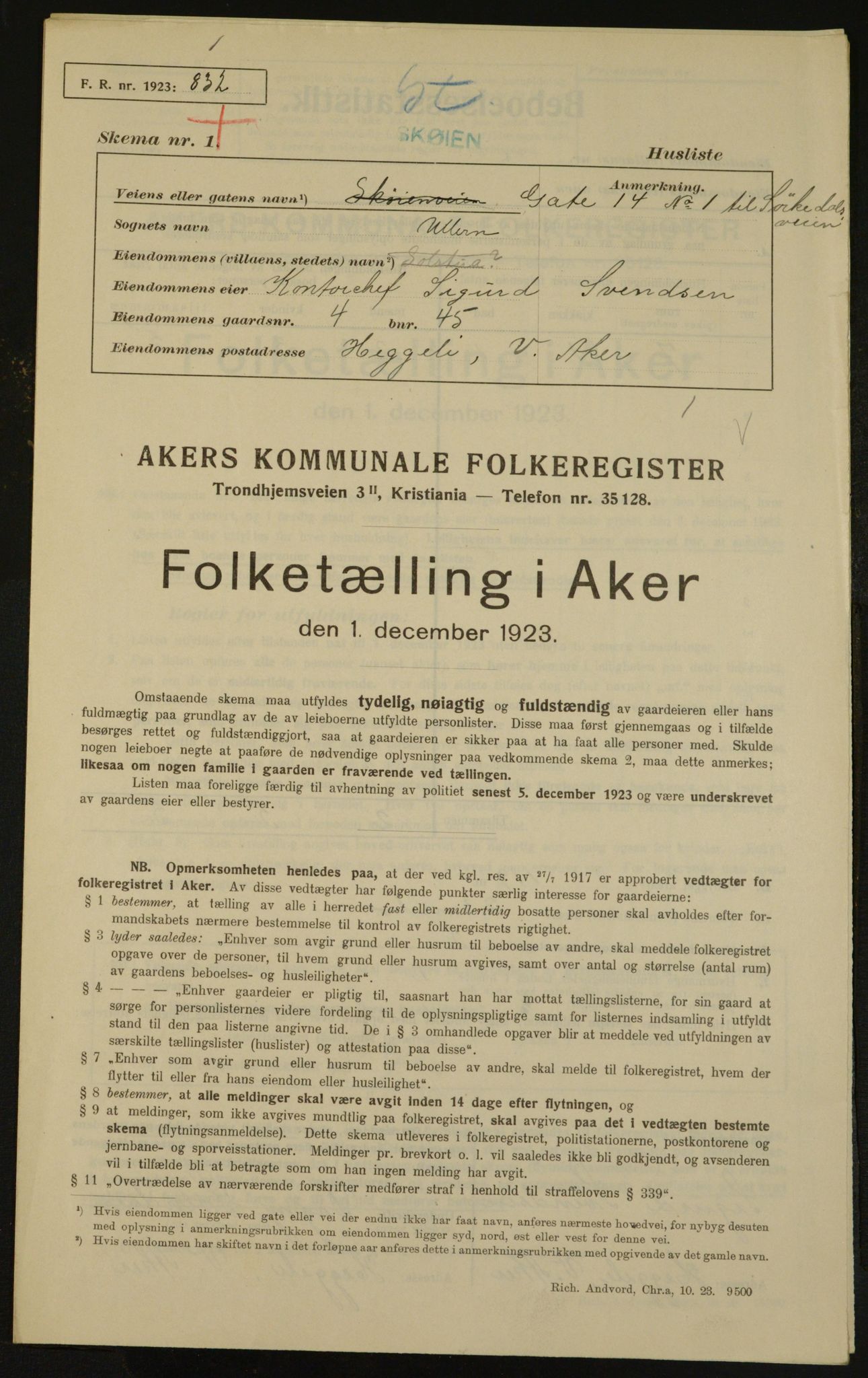 , Municipal Census 1923 for Aker, 1923, p. 5129