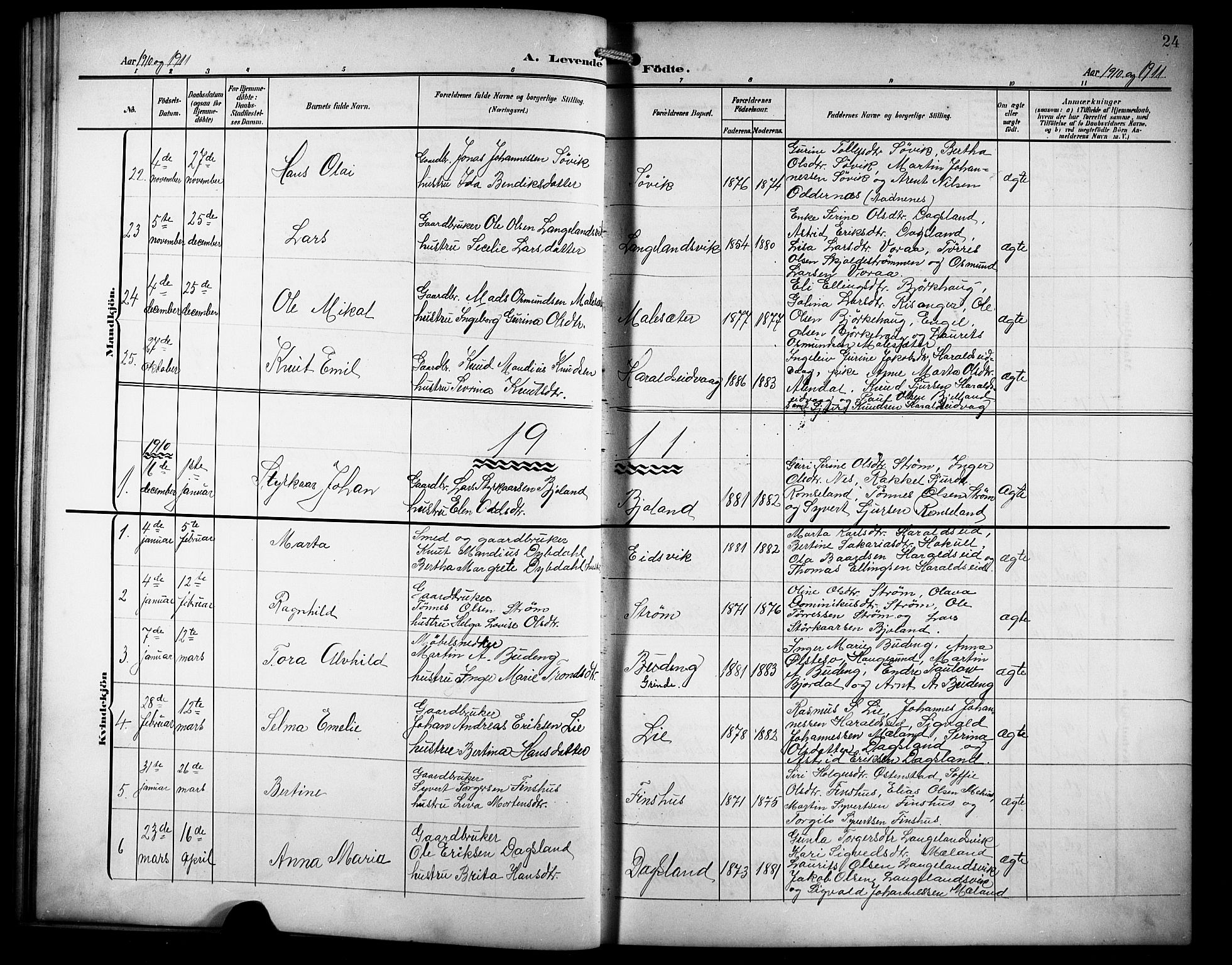 Skjold sokneprestkontor, AV/SAST-A-101847/H/Ha/Hab/L0008: Parish register (copy) no. B 8, 1906-1920, p. 24