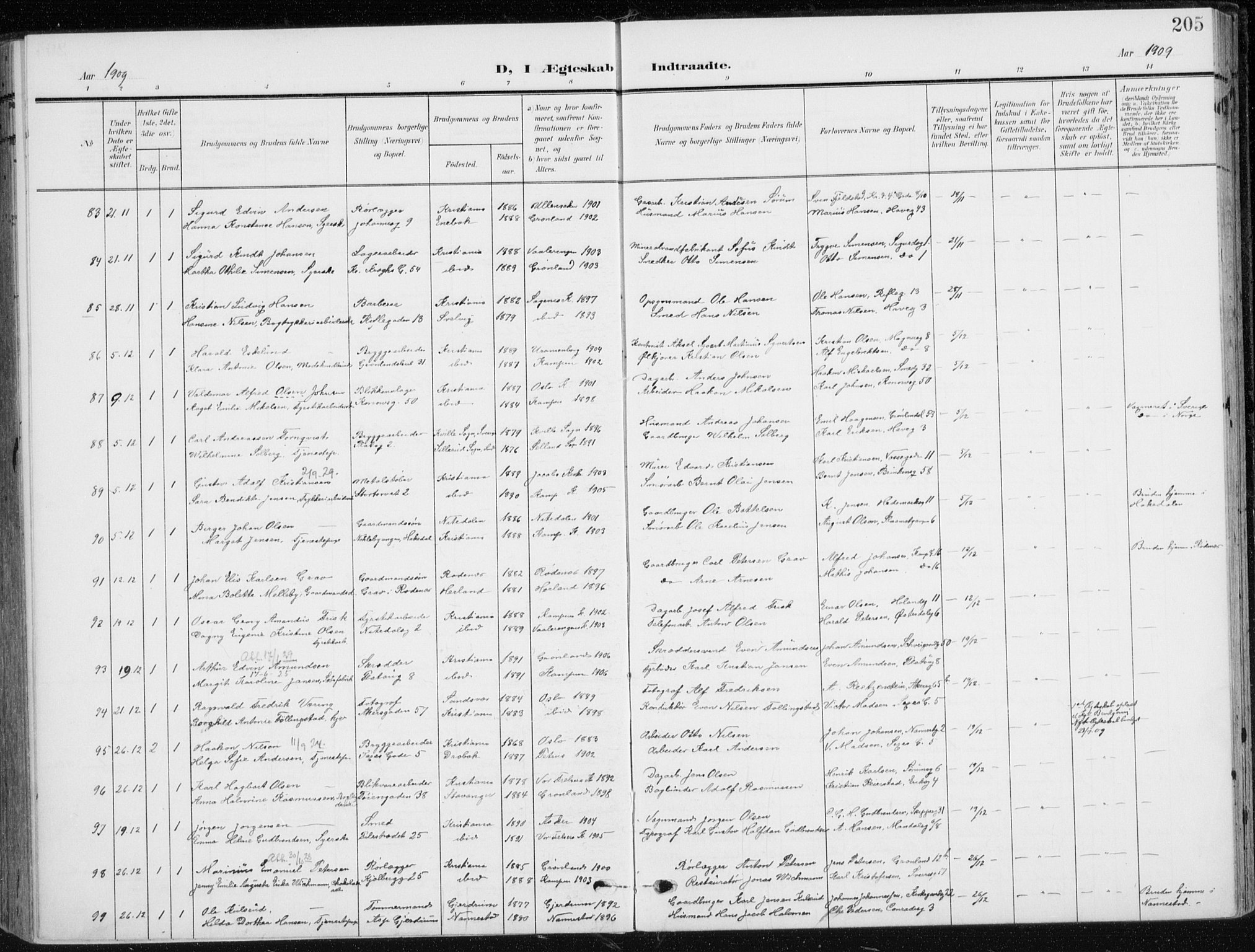 Kampen prestekontor Kirkebøker, SAO/A-10853/F/Fa/L0011: Parish register (official) no. I 11, 1907-1917, p. 205