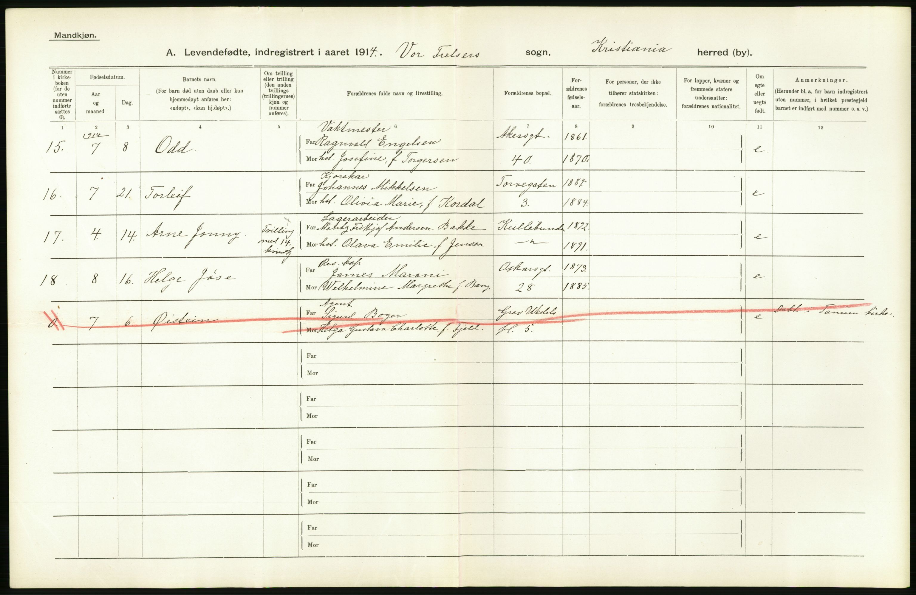 Statistisk sentralbyrå, Sosiodemografiske emner, Befolkning, AV/RA-S-2228/D/Df/Dfb/Dfbd/L0006: Kristiania: Levendefødte menn og kvinner., 1914, p. 54