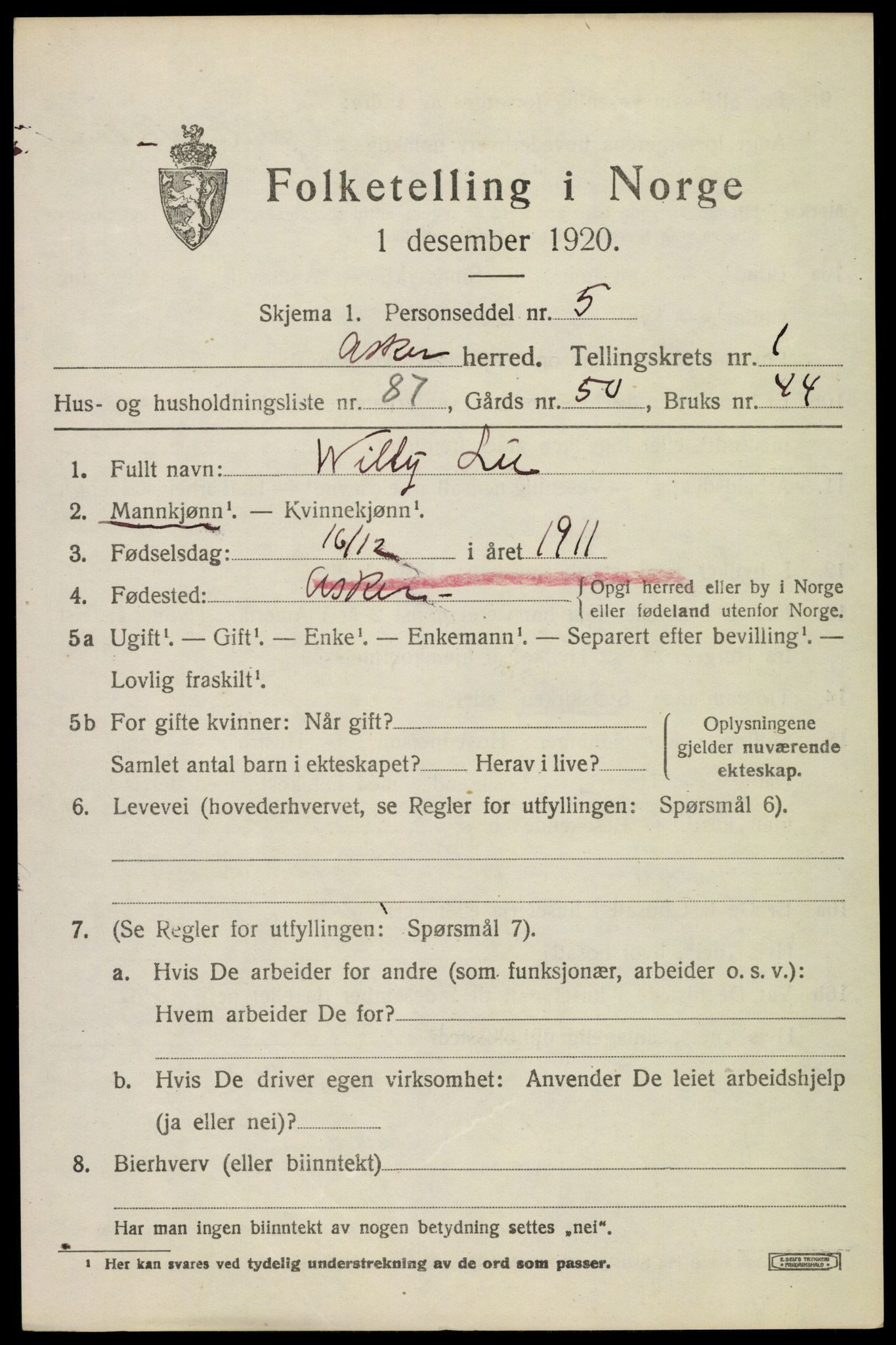 SAO, 1920 census for Asker, 1920, p. 3626