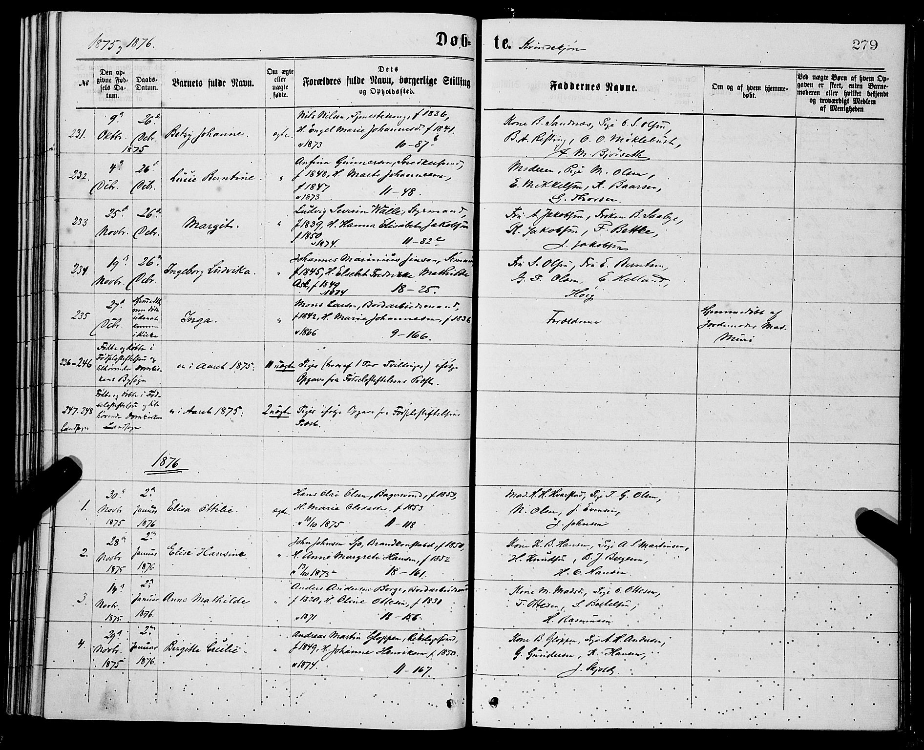 Domkirken sokneprestembete, SAB/A-74801/H/Hab/L0013: Parish register (copy) no. B 6, 1869-1876, p. 279