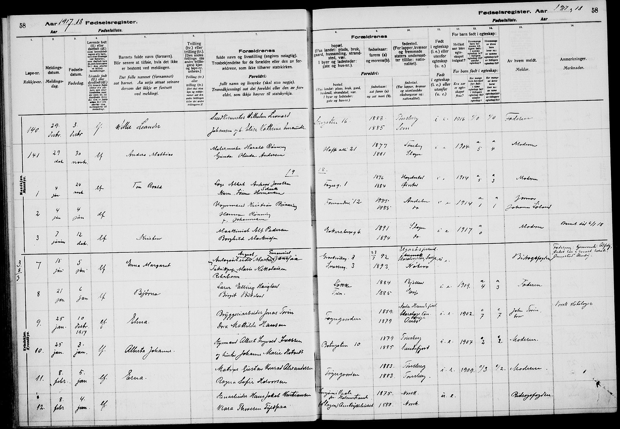 Tønsberg kirkebøker, AV/SAKO-A-330/J/Ja/L0001: Birth register no. 1, 1916-1922, p. 58