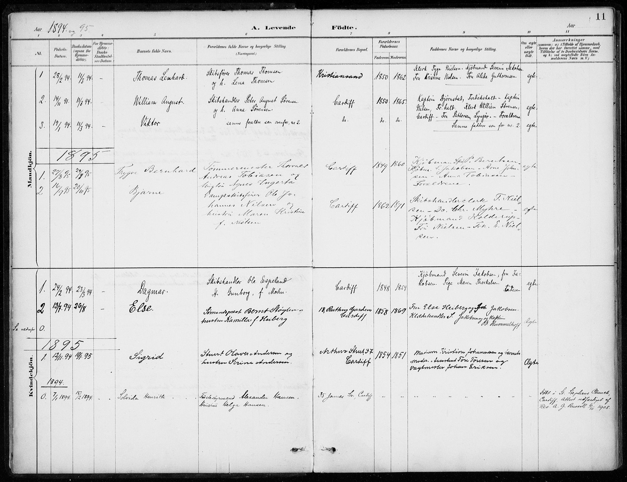 Den norske sjømannsmisjon i utlandet/Bristolhavnene(Cardiff-Swansea), SAB/SAB/PA-0102/H/Ha/Haa/L0002: Parish register (official) no. A 2, 1887-1932, p. 11