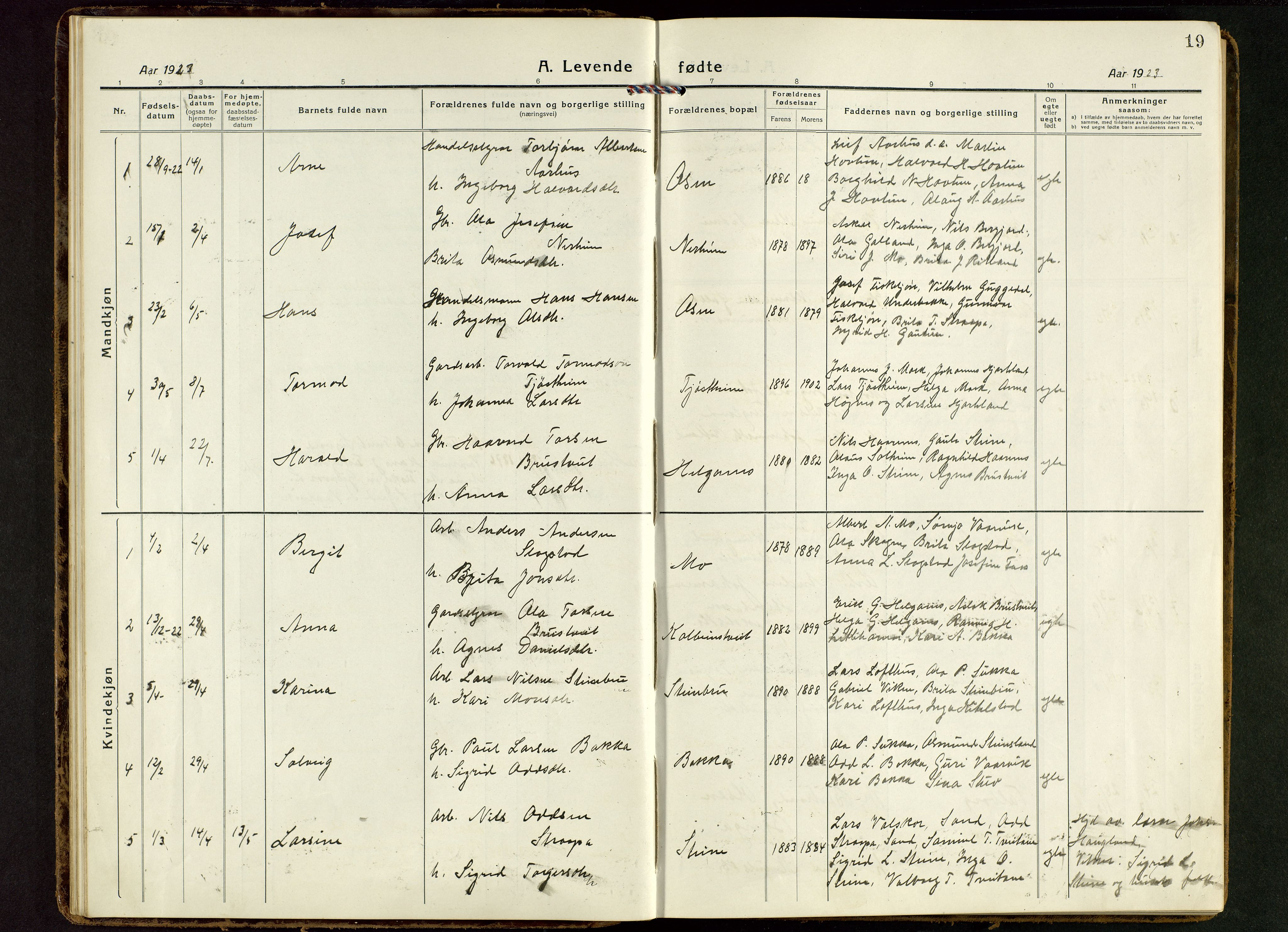 Suldal sokneprestkontor, AV/SAST-A-101845/01/V/L0007: Parish register (copy) no. B 7, 1917-1946, p. 19