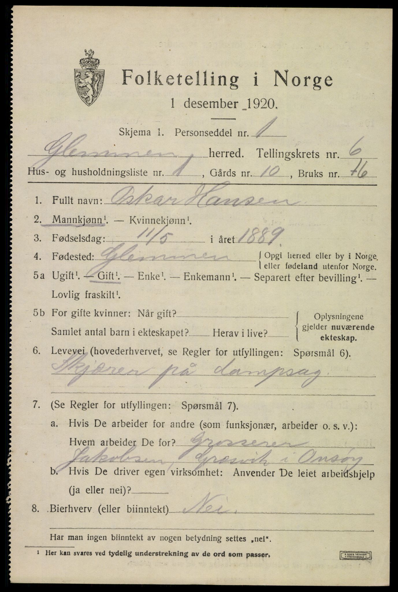 SAO, 1920 census for Glemmen, 1920, p. 21605