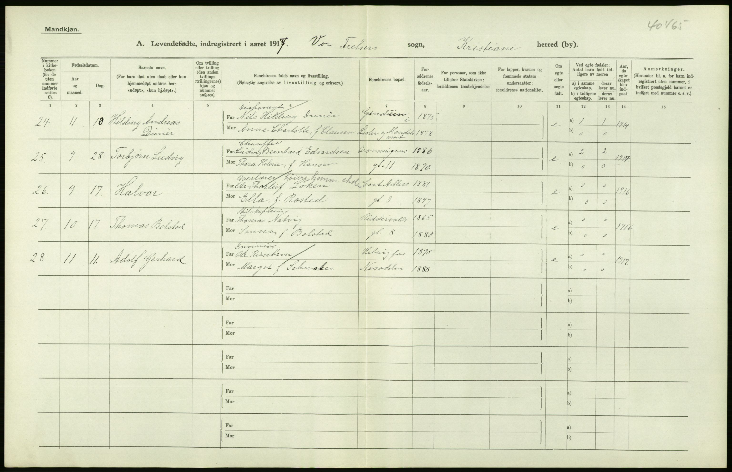 Statistisk sentralbyrå, Sosiodemografiske emner, Befolkning, RA/S-2228/D/Df/Dfb/Dfbg/L0007: Kristiania: Levendefødte menn og kvinner., 1917, p. 22