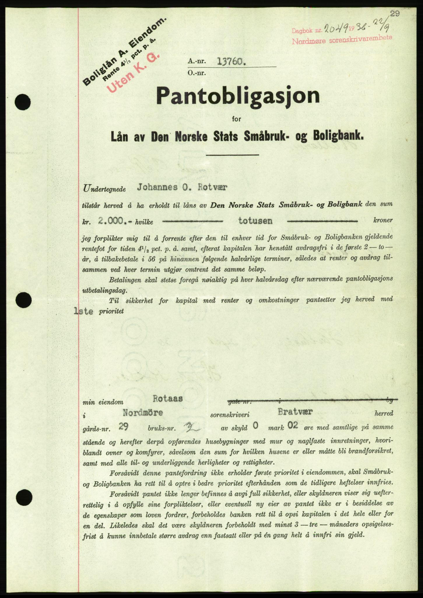 Nordmøre sorenskriveri, AV/SAT-A-4132/1/2/2Ca/L0090: Mortgage book no. B80, 1936-1937, Diary no: : 2049/1936