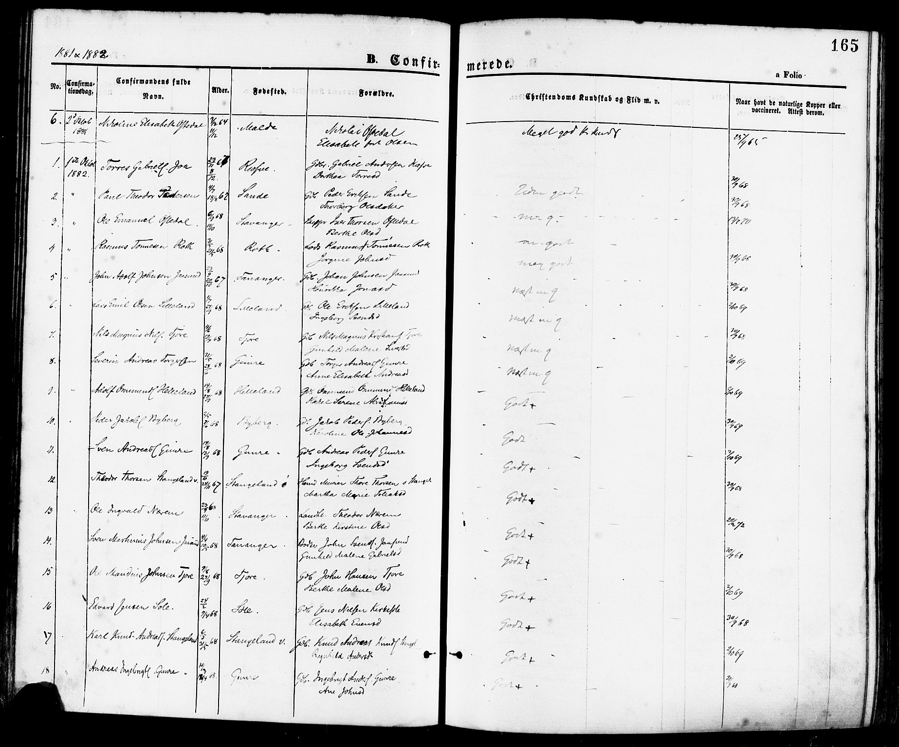 Håland sokneprestkontor, SAST/A-101802/001/30BA/L0009: Parish register (official) no. A 8, 1871-1882, p. 165