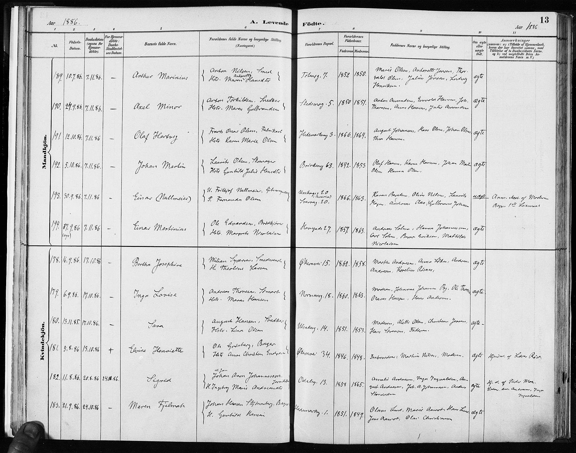 Kampen prestekontor Kirkebøker, AV/SAO-A-10853/F/Fa/L0003: Parish register (official) no. I 3, 1886-1892, p. 13