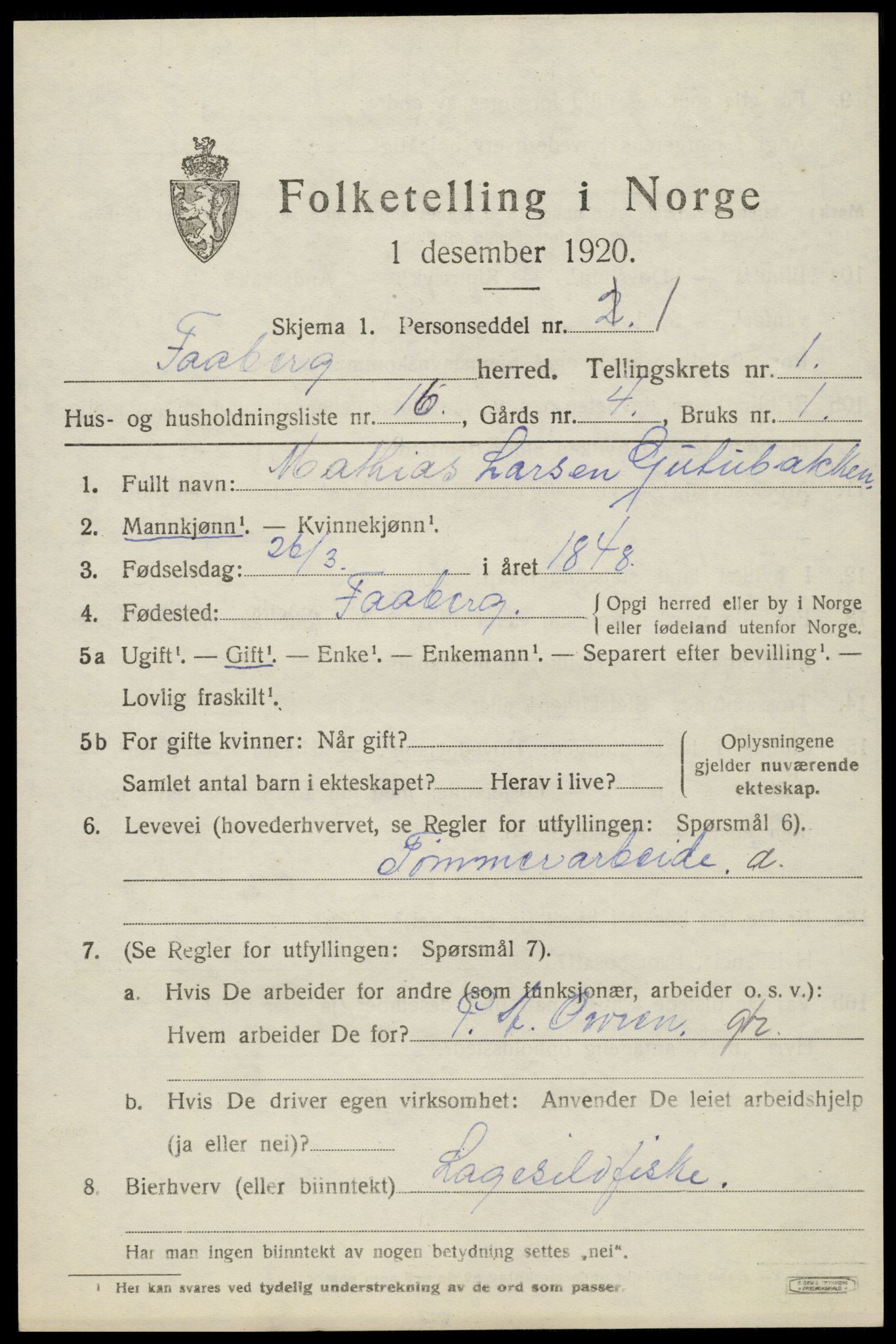 SAH, 1920 census for Fåberg, 1920, p. 2436