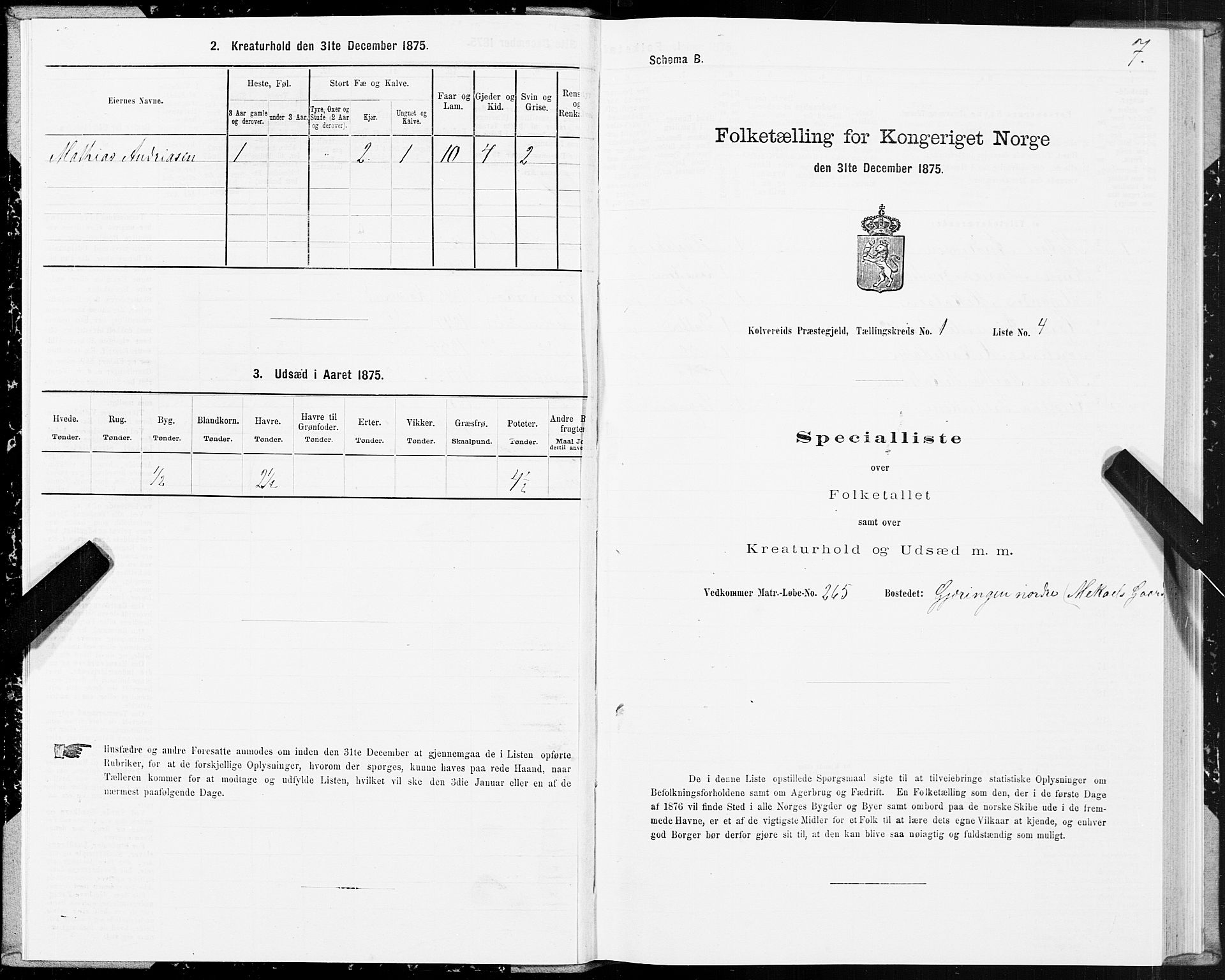 SAT, 1875 census for 1752P Kolvereid, 1875, p. 1007