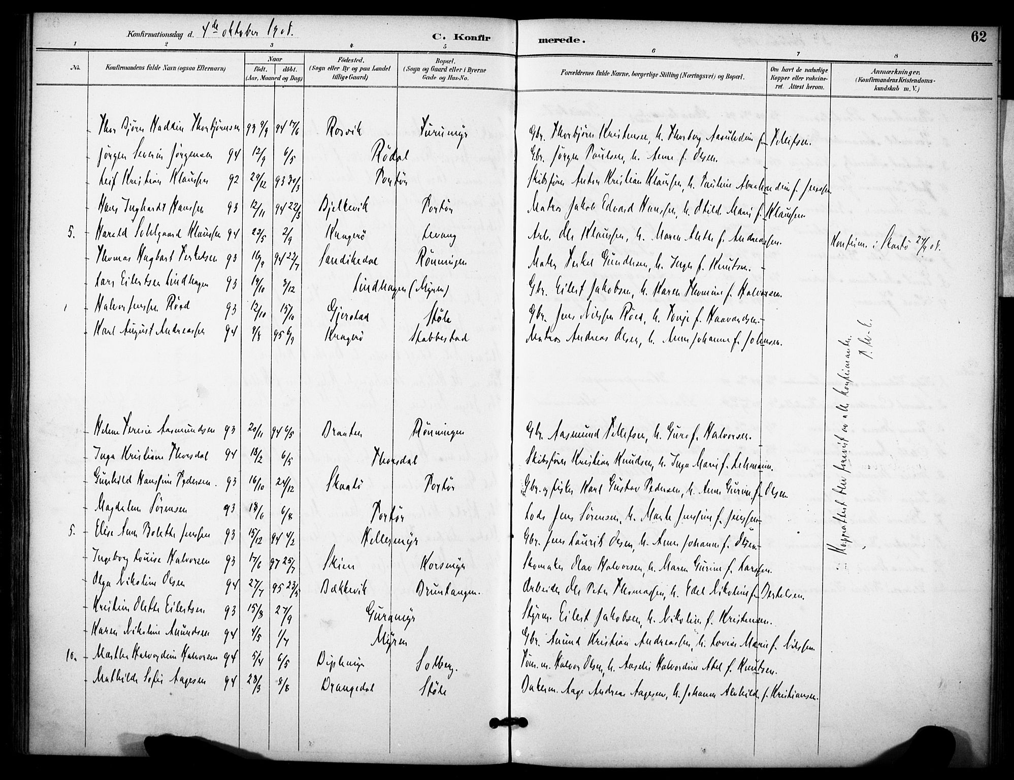Skåtøy kirkebøker, SAKO/A-304/F/Fb/L0001: Parish register (official) no. II 1, 1892-1916, p. 62