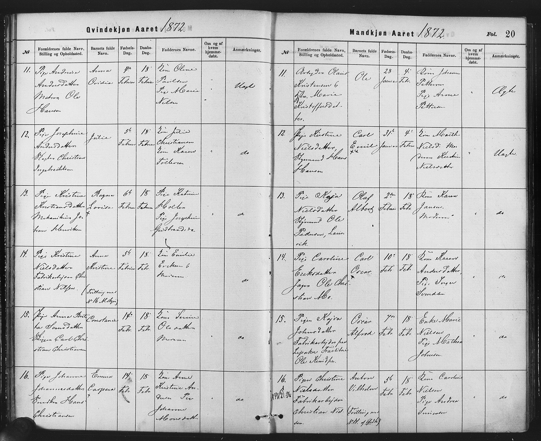 Rikshospitalet prestekontor Kirkebøker, AV/SAO-A-10309b/F/L0006: Parish register (official) no. 6, 1871-1885, p. 20