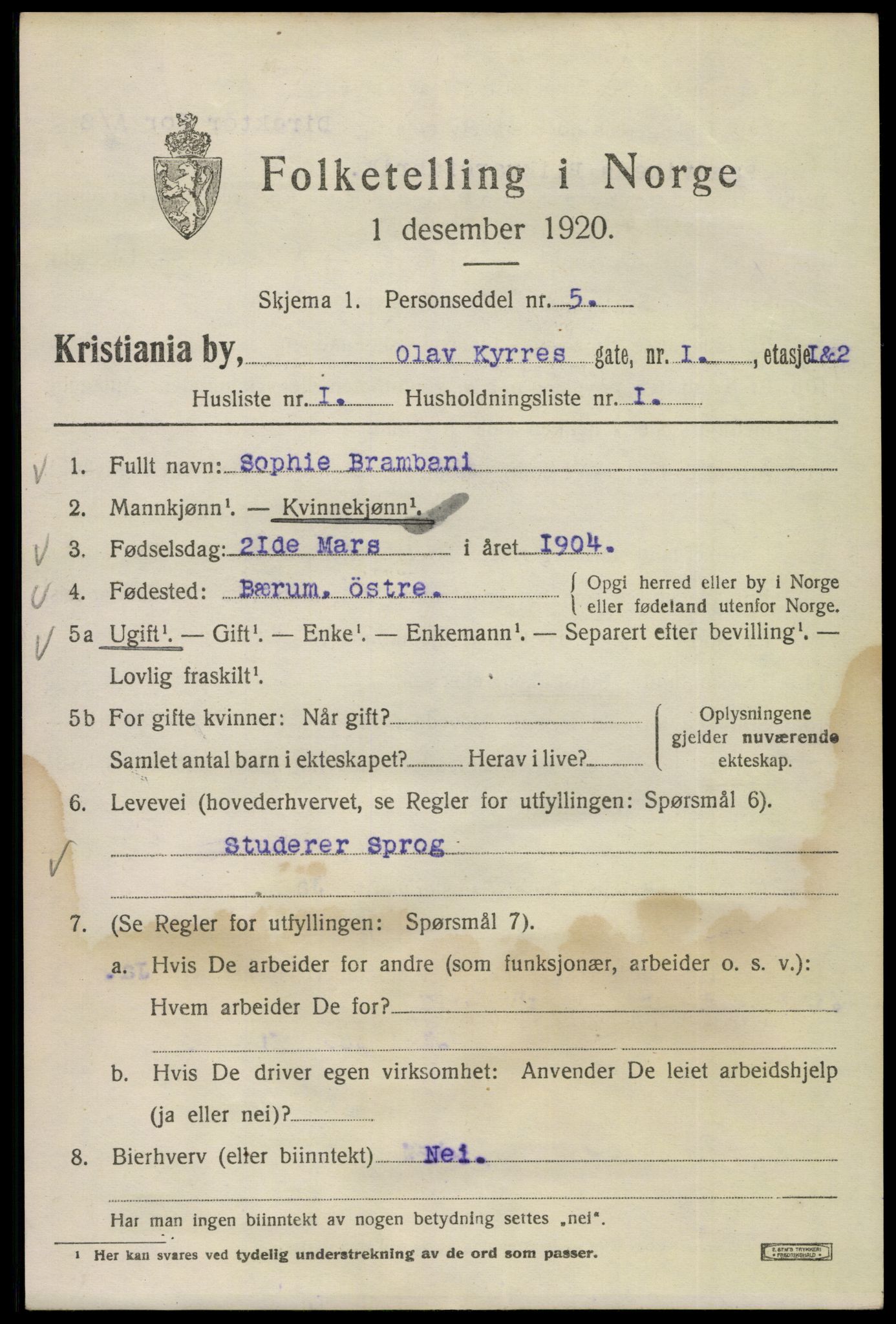 SAO, 1920 census for Kristiania, 1920, p. 432679