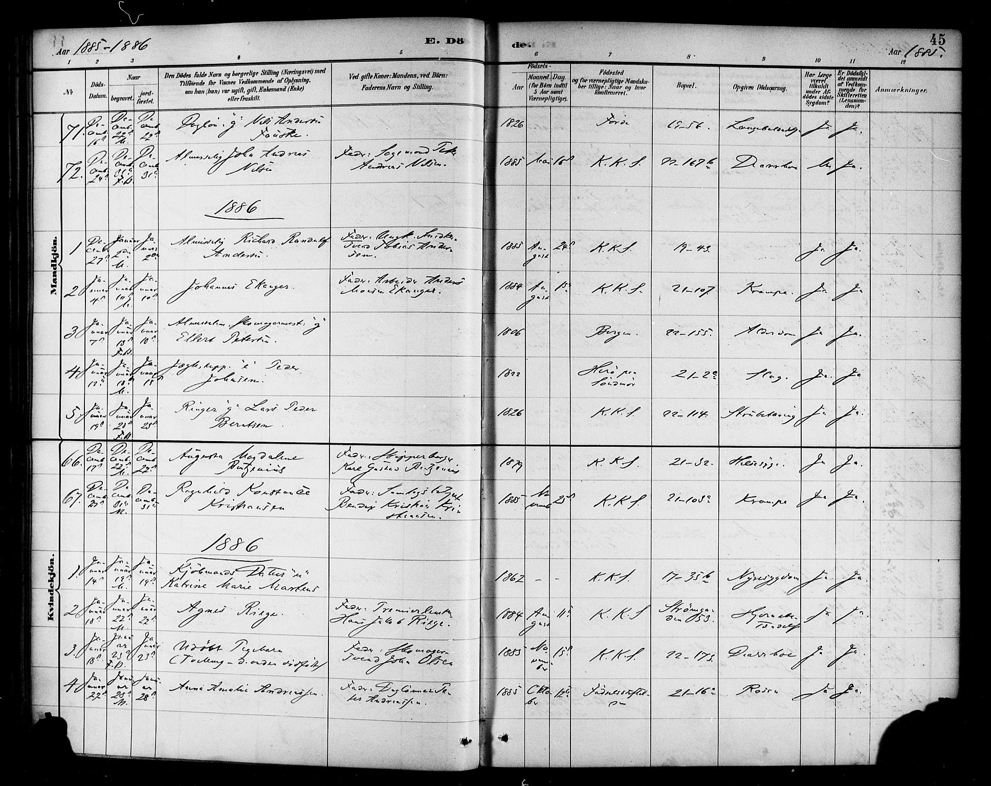 Korskirken sokneprestembete, AV/SAB-A-76101/H/Haa/L0047: Parish register (official) no. E 5, 1884-1910, p. 45