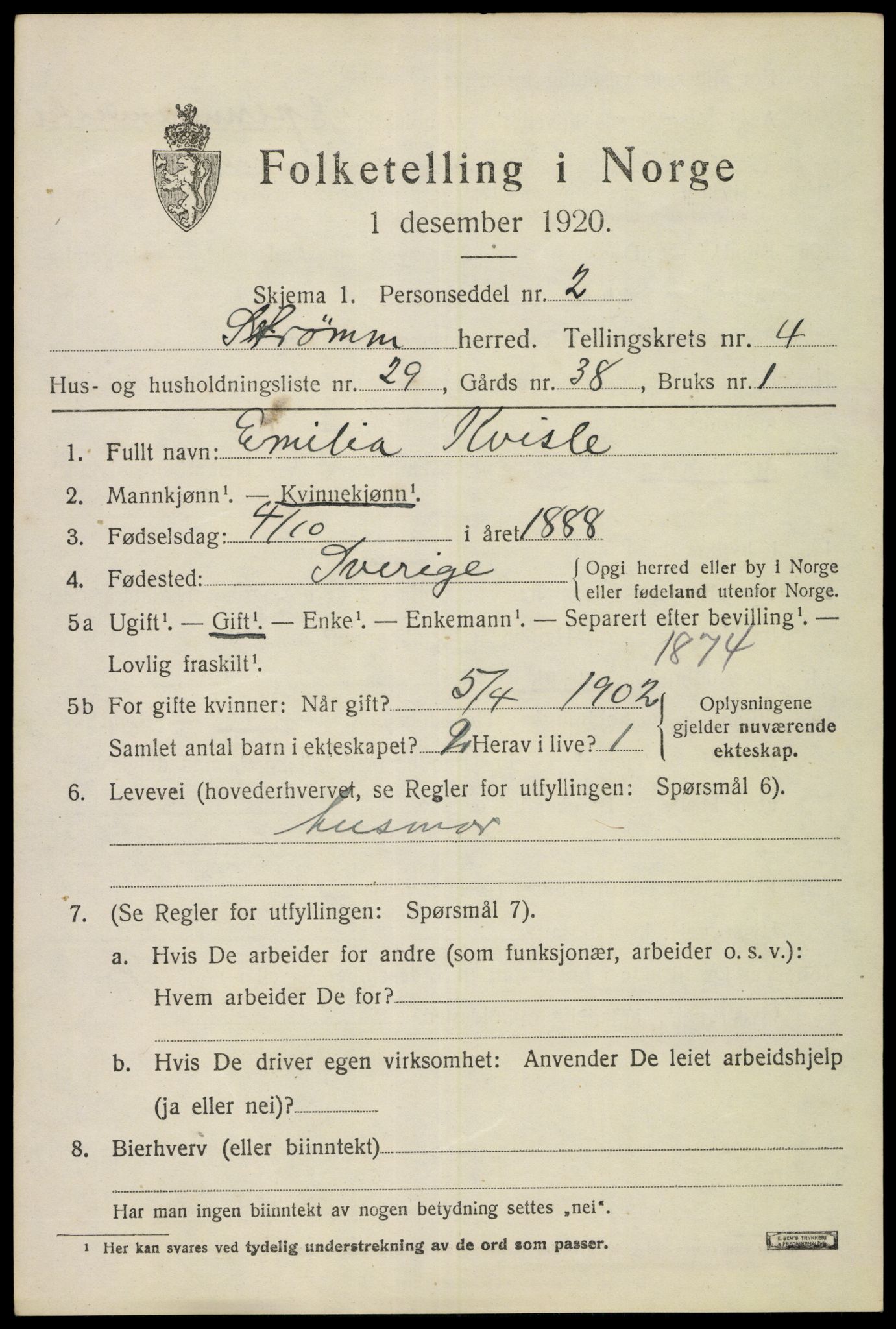 SAKO, 1920 census for Strømm, 1920, p. 3431