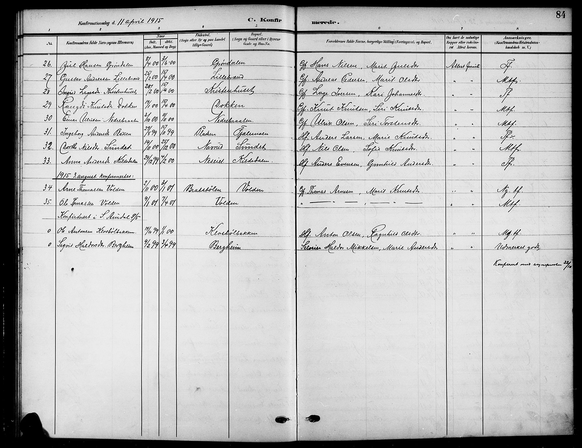 Nord-Aurdal prestekontor, SAH/PREST-132/H/Ha/Hab/L0012: Parish register (copy) no. 12, 1907-1920, p. 84