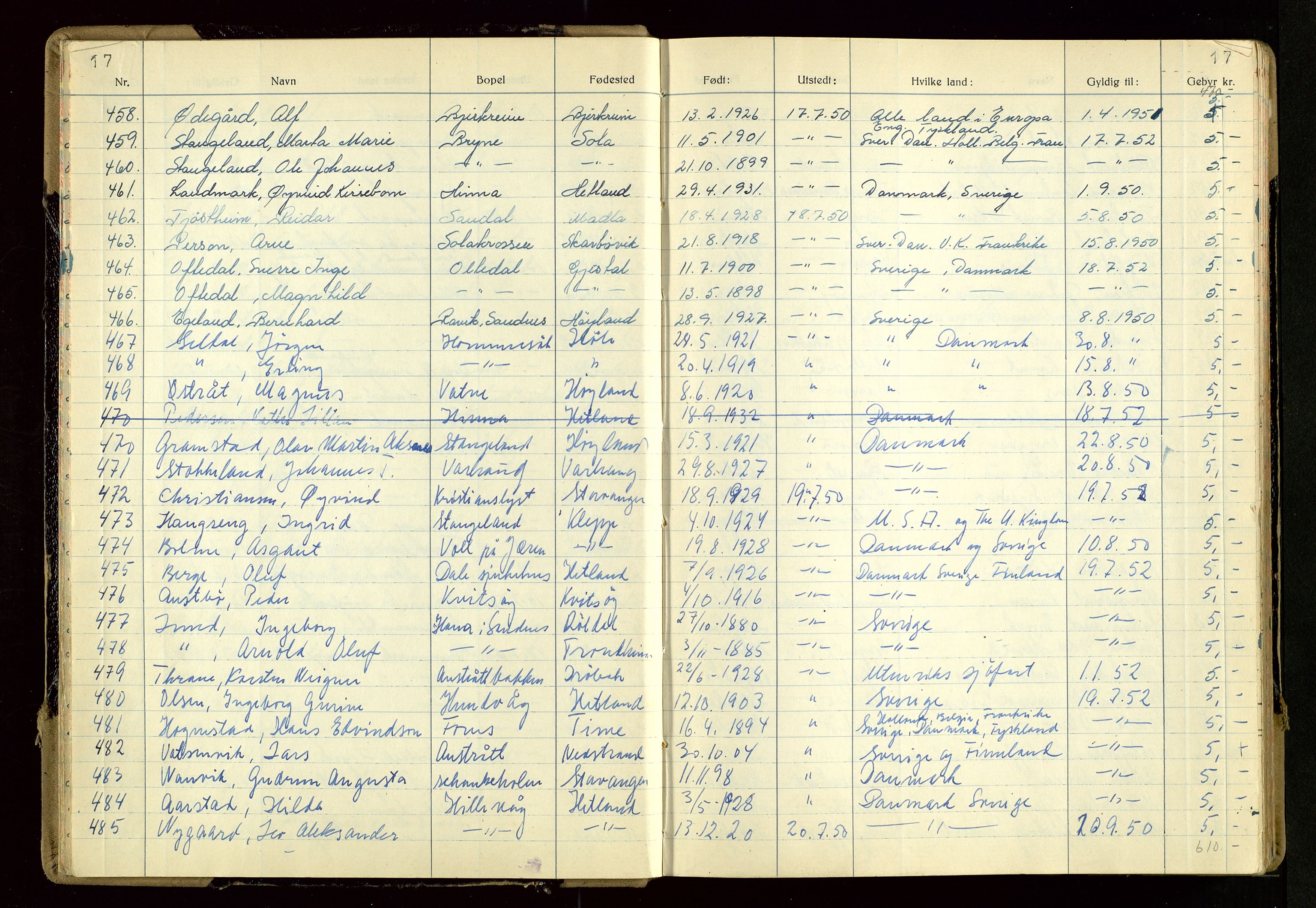 Rogaland politikammer, AV/SAST-A-101403/K/Ka/L0004: Passprotokoll, 1950-1955, p. 17